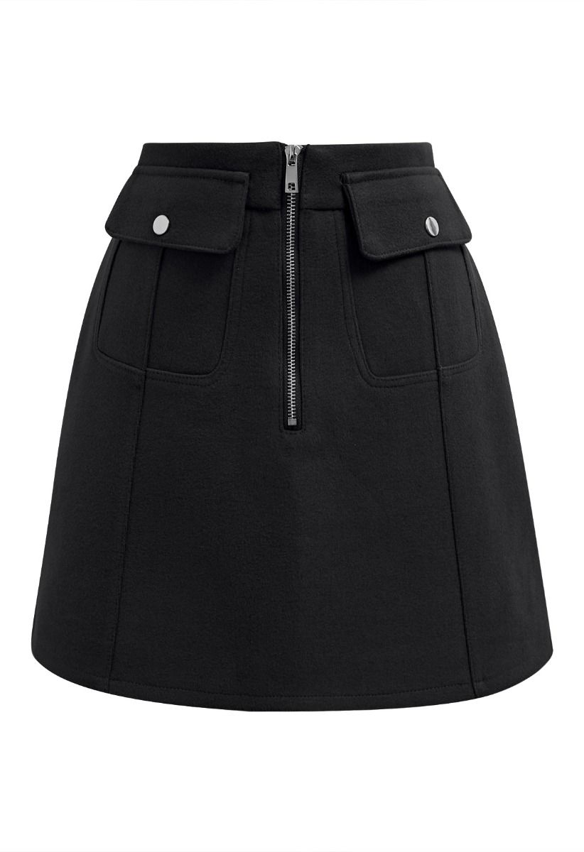 Effortless Charm Flap Pocket Zipper Mini Skirt in Black