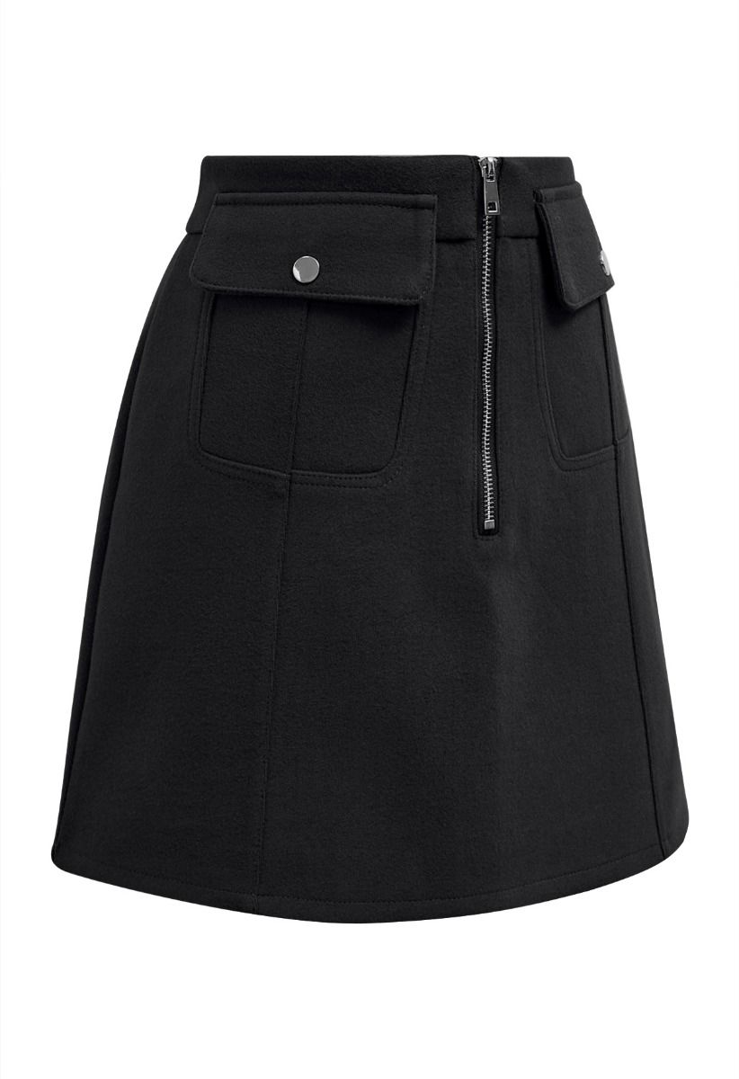 Effortless Charm Flap Pocket Zipper Mini Skirt in Black