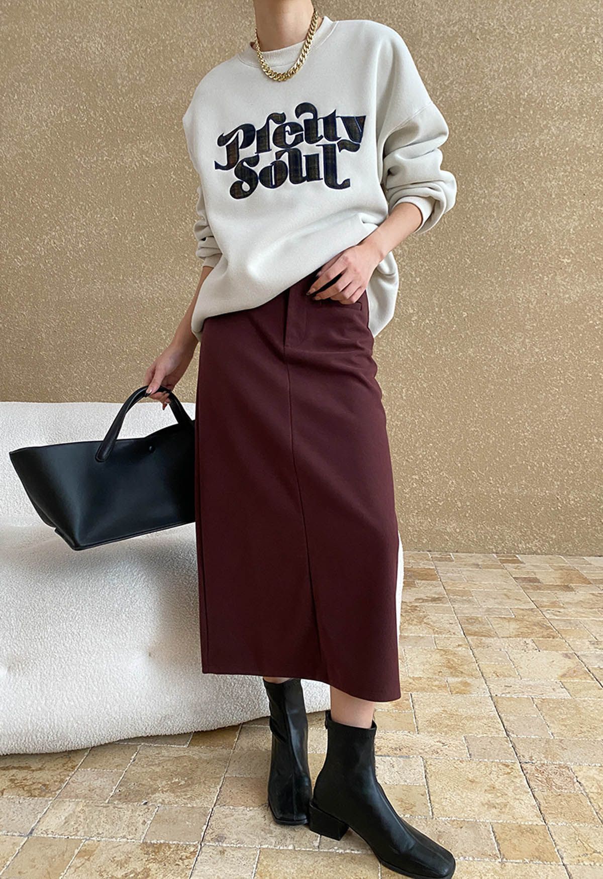 Everyday High-Waisted Back Split Midi Skirt in Burgundy