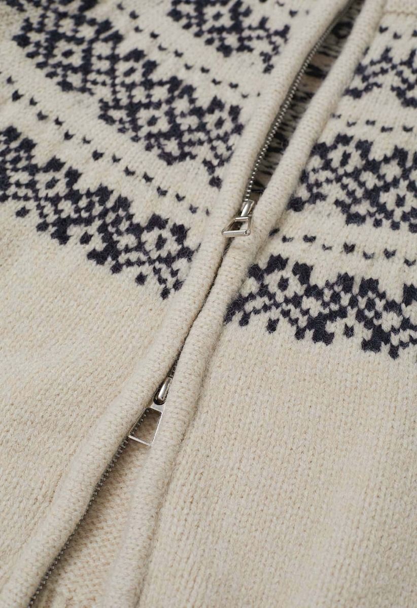 Double-Zip Fair Isle Jacquard Knit Cardigan in Cream