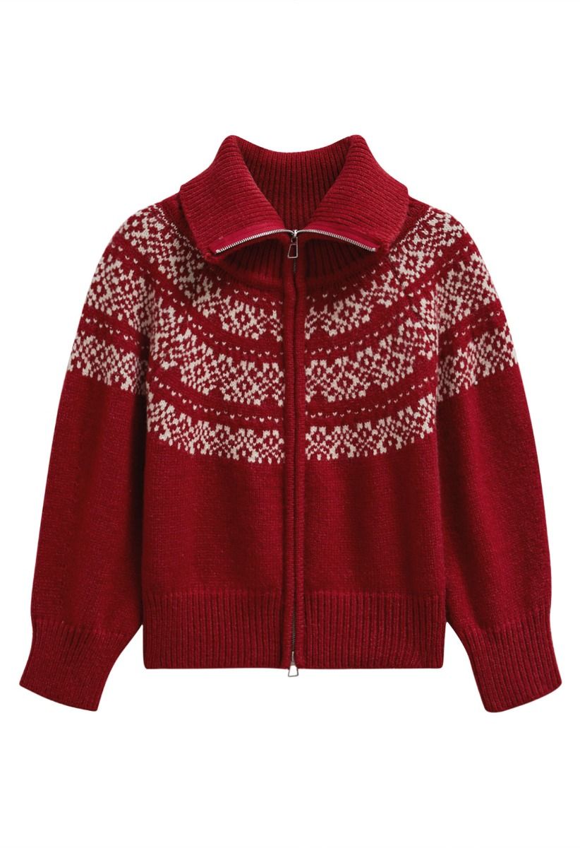 Double-Zip Fair Isle Jacquard Knit Cardigan in Red