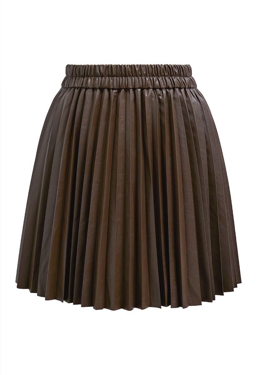 Faux Leather Pleated Mini Skirt in Brown