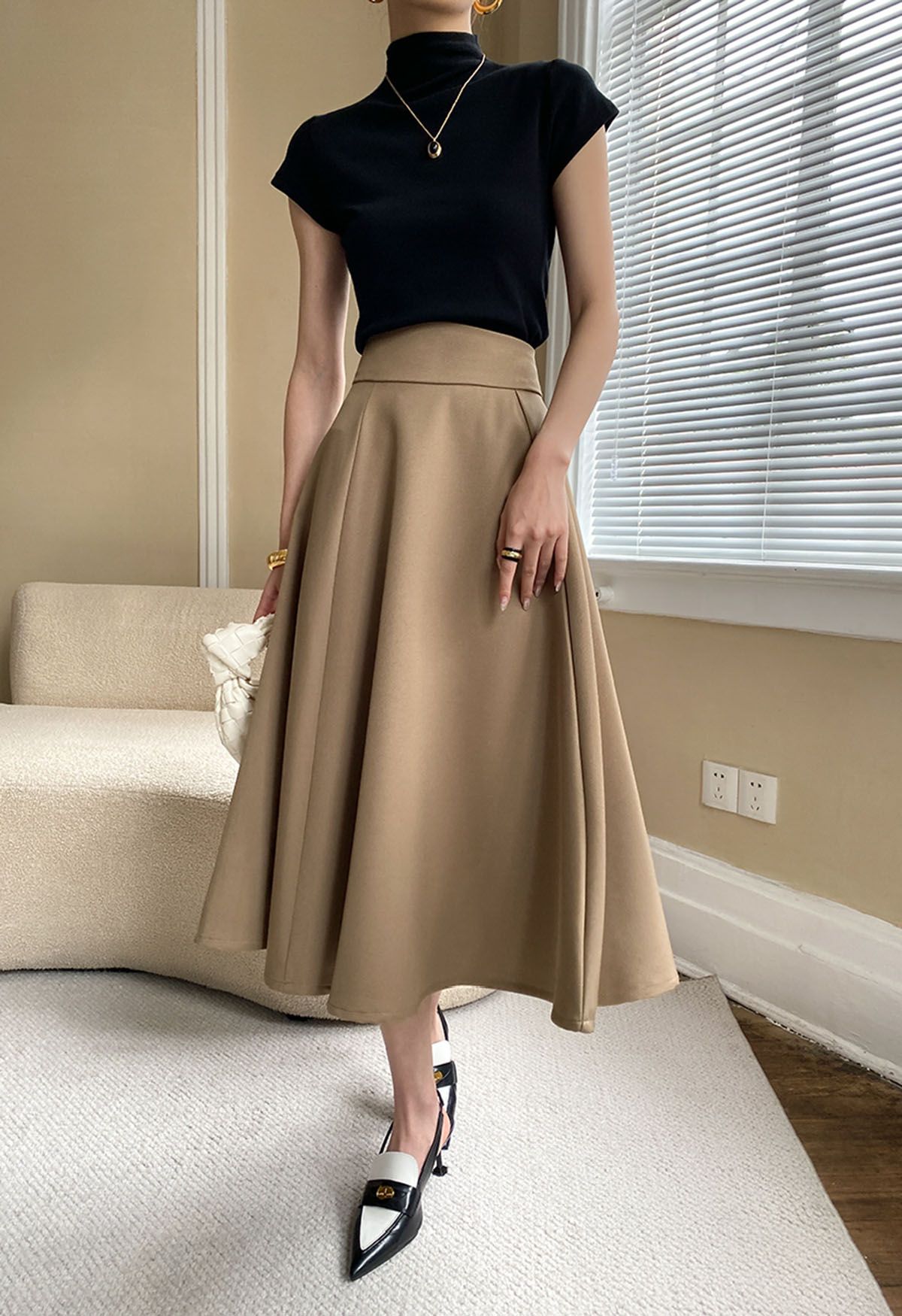 Solid Khaki High-Waist A-Line Midi Skirt