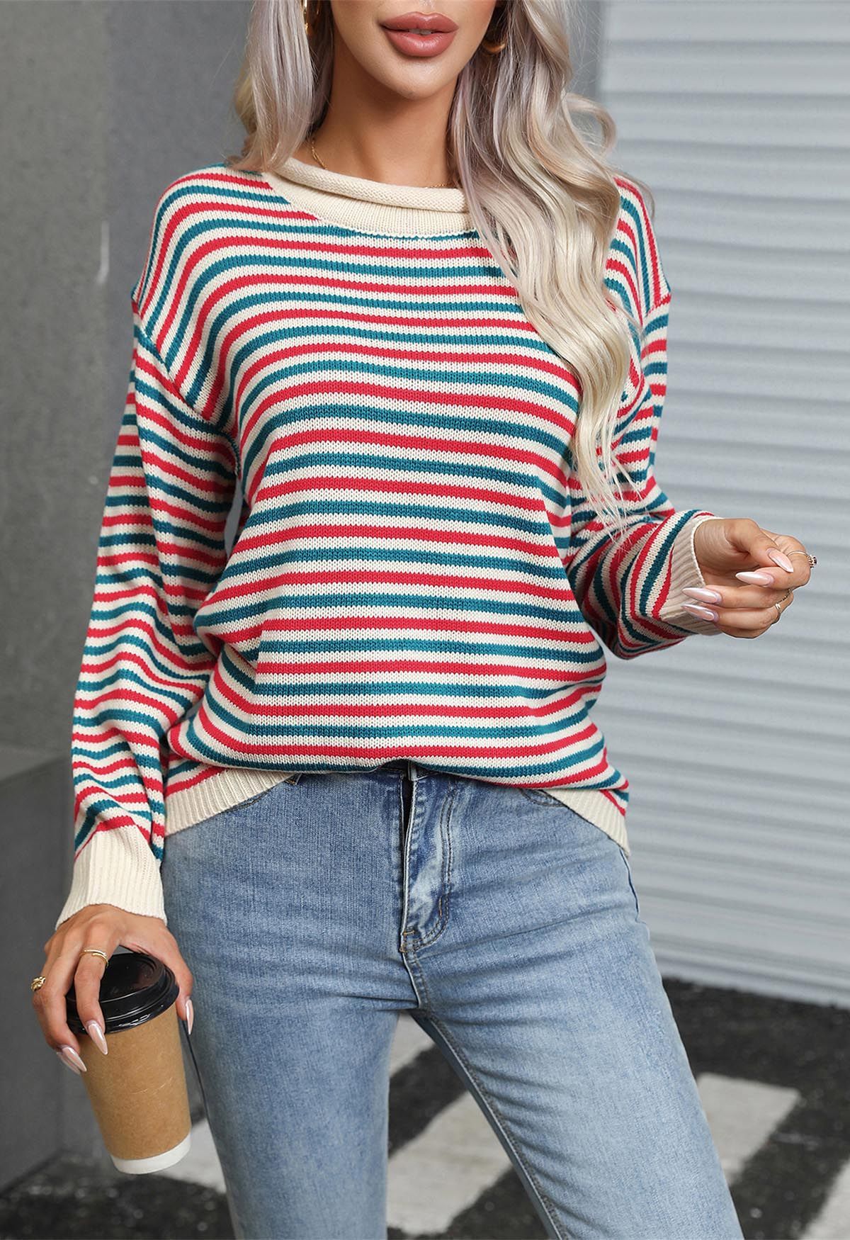 Colorful Stripes Rolled Neckline Knit Sweater