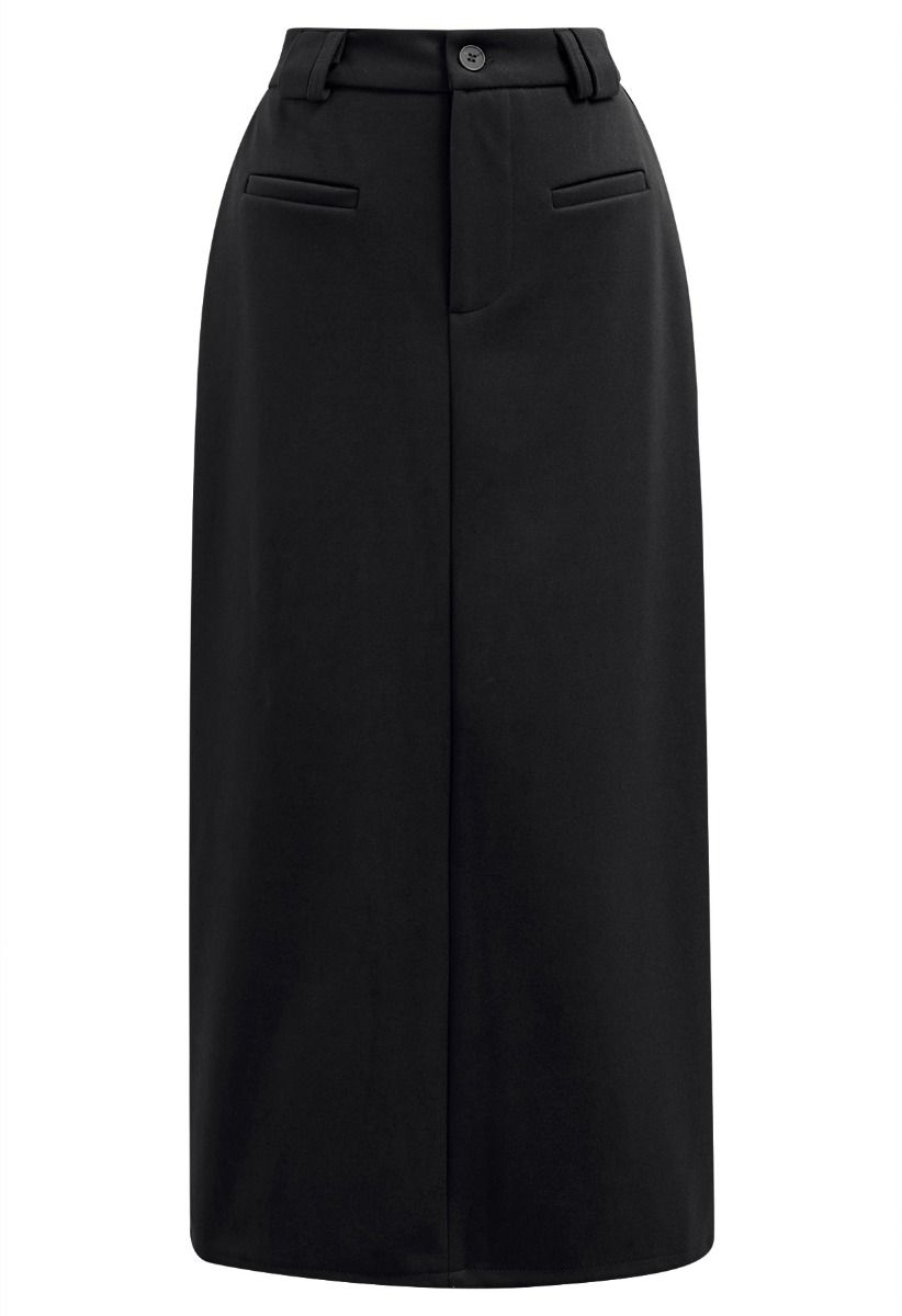 Everyday High-Waisted Back Split Midi Skirt in Black