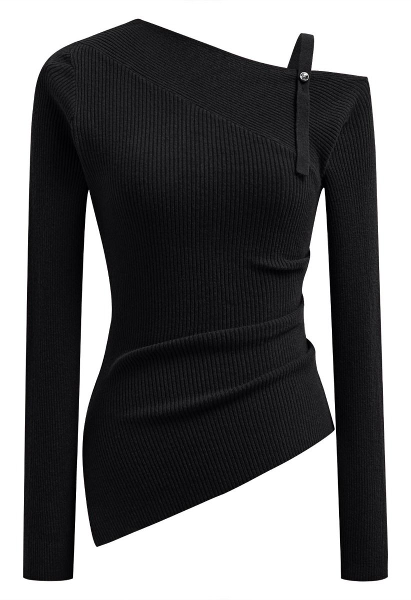 One-Shoulder Ruched Asymmetric Hem Knit Top in Black