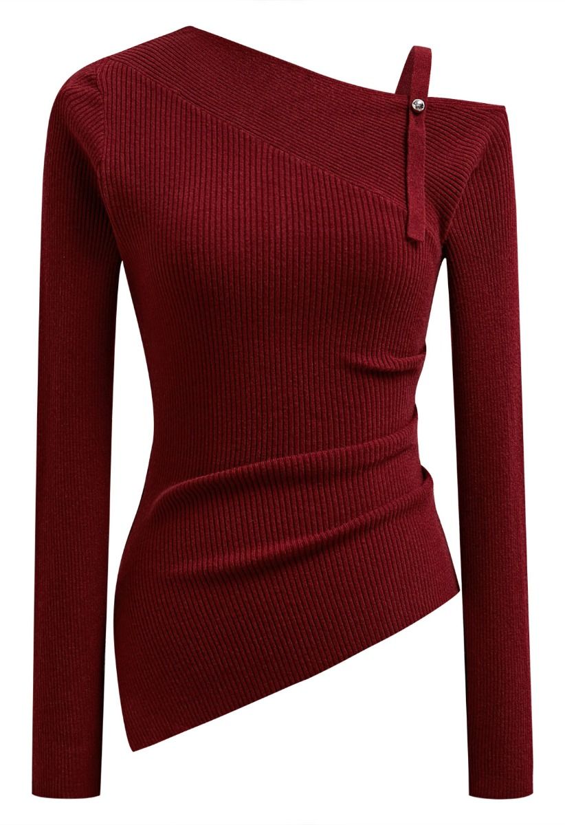 One-Shoulder Ruched Asymmetric Hem Knit Top in Red