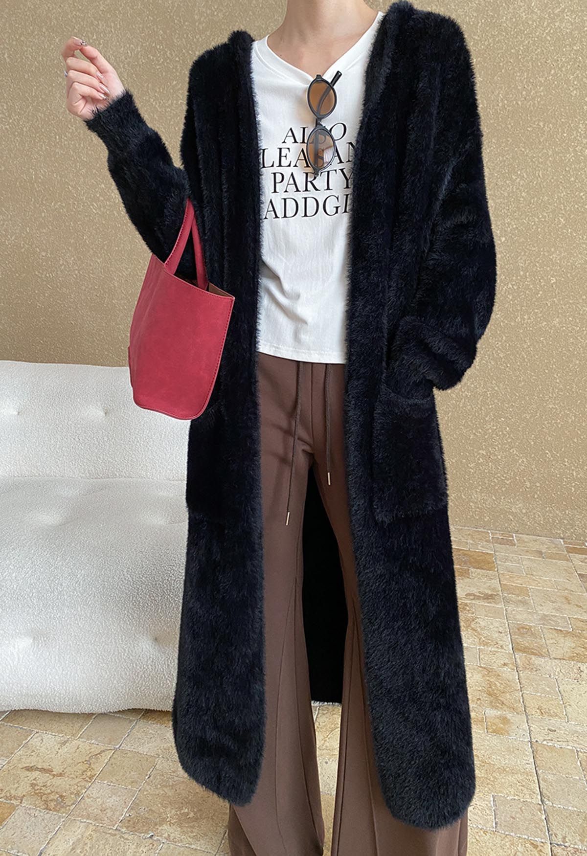 Fluffy Open Front Hooded Longline Knit Cardigan in Black