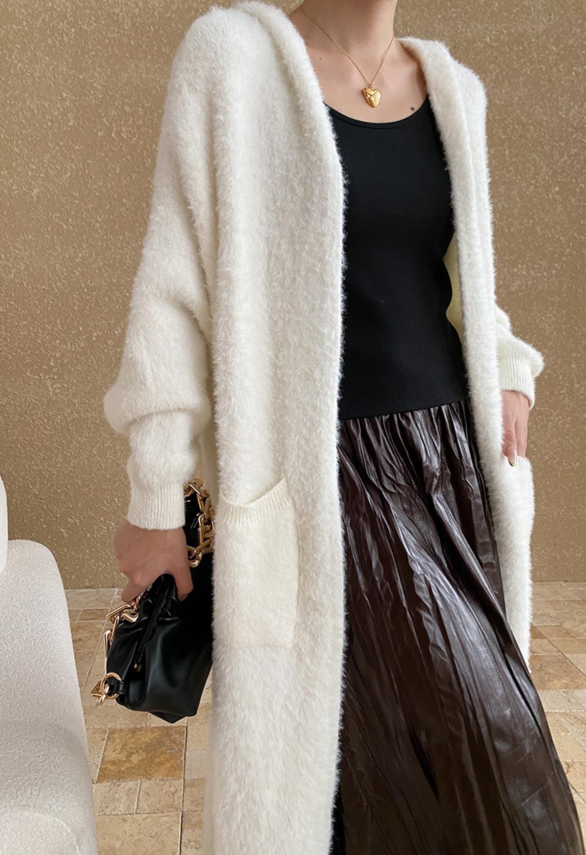 Fluffy Open Front Hooded Longline Knit Cardigan in White