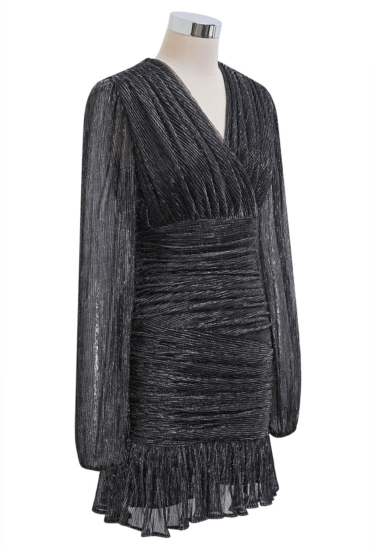 Elegant Sparkle Ruched Mesh Cocktail Dress in Black