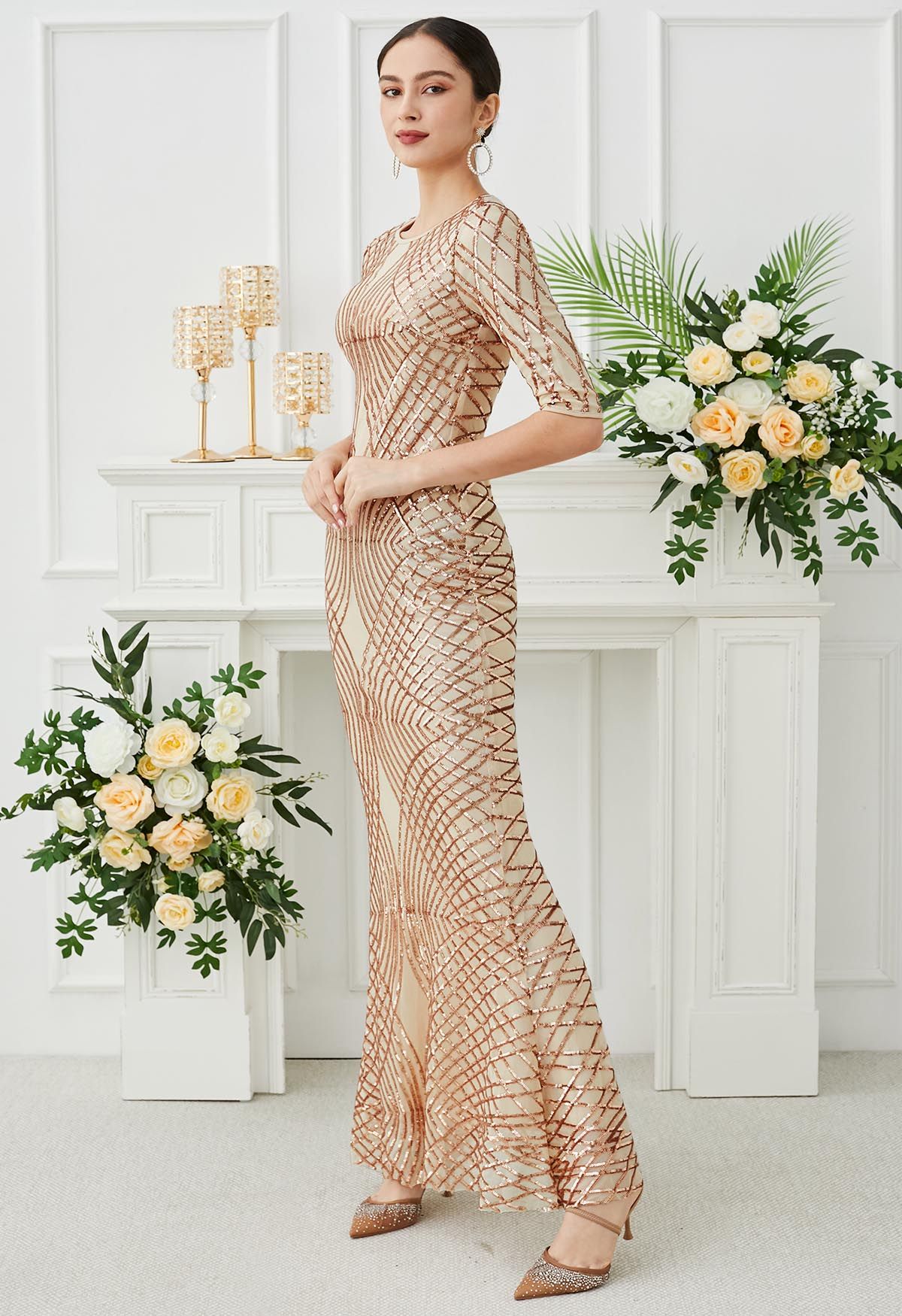 Opulent Geometry Sequin Mermaid Gown in Apricot