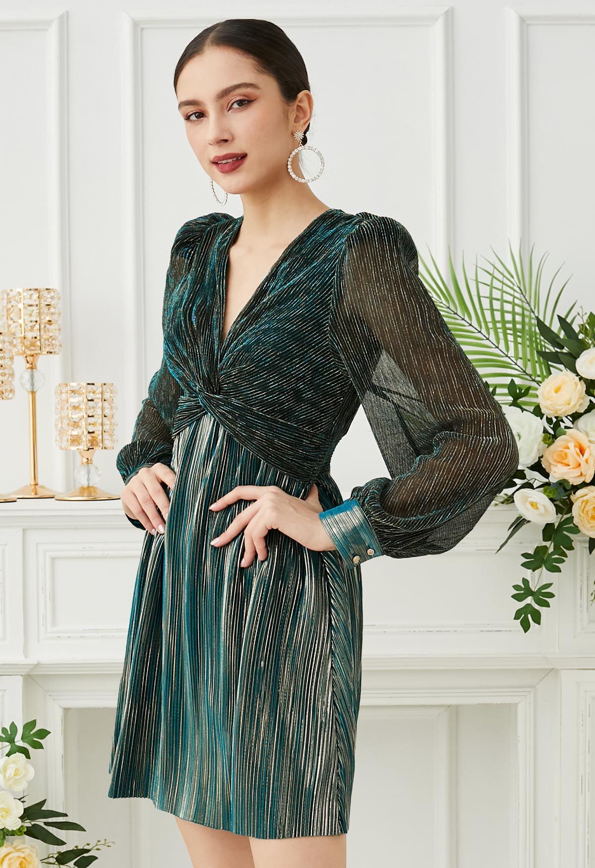 Glamorous Twist Metallic Cocktail Dress in Teal