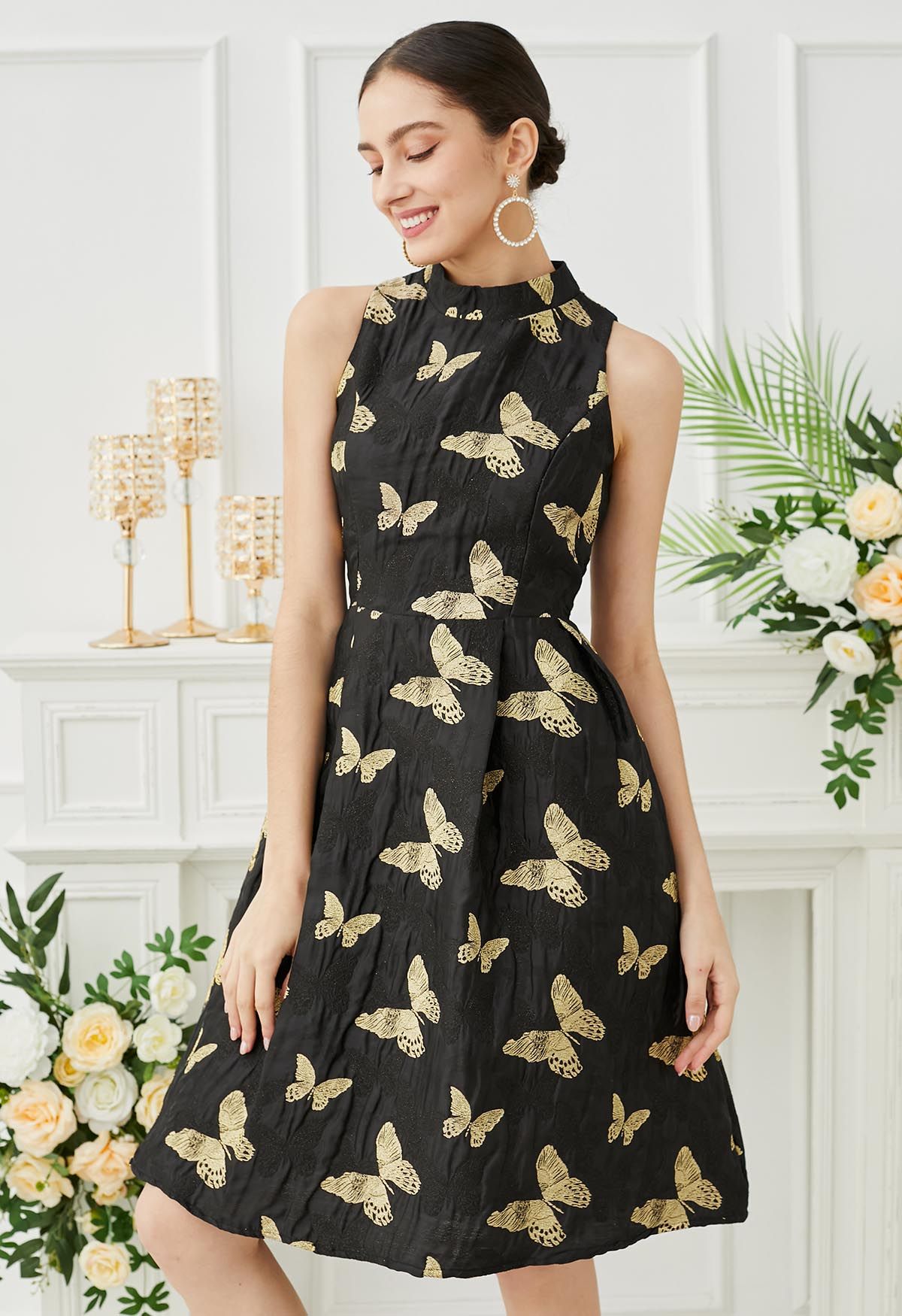 Exquisite Butterfly Jacquard Sleeveless Dress