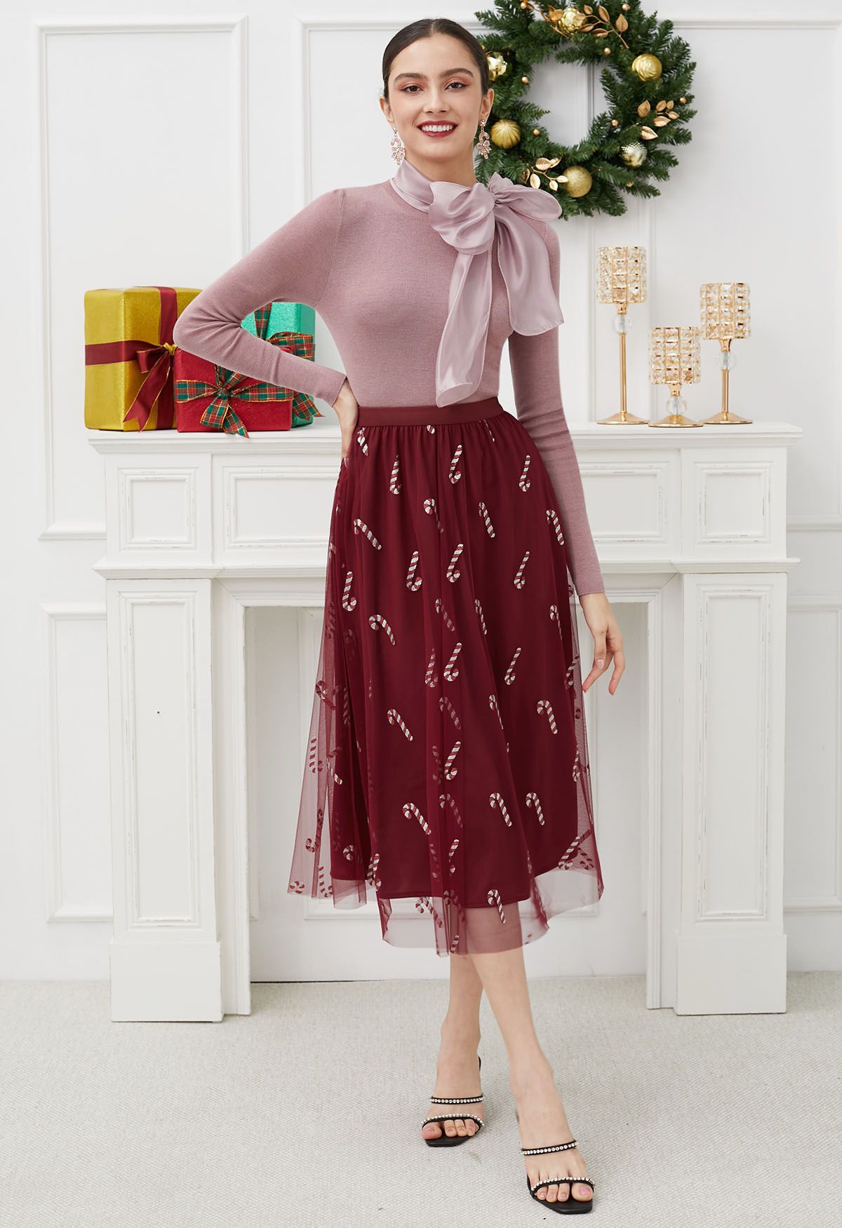 Shimmer Candy Cane Mesh Tulle Midi Skirt in Burgundy