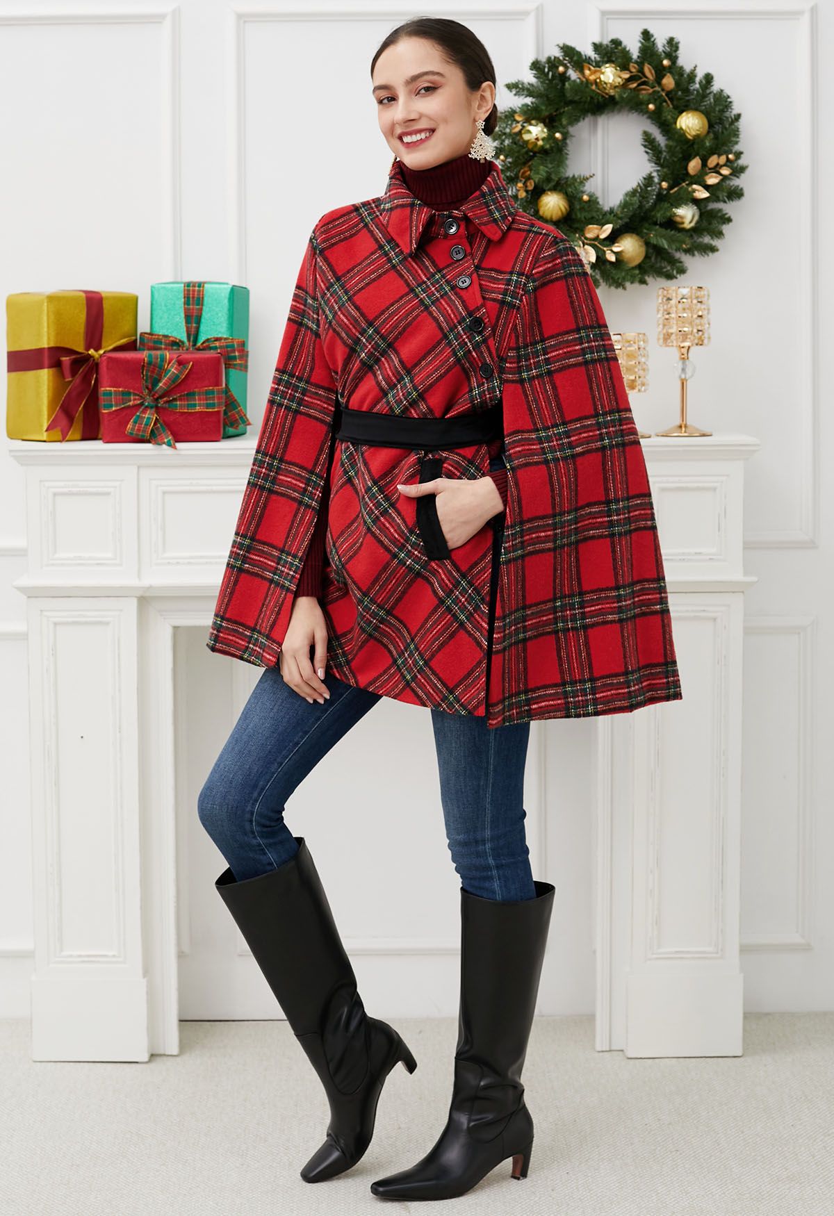 Button Wrap Tie Sash Tartan Cape Coat in Red