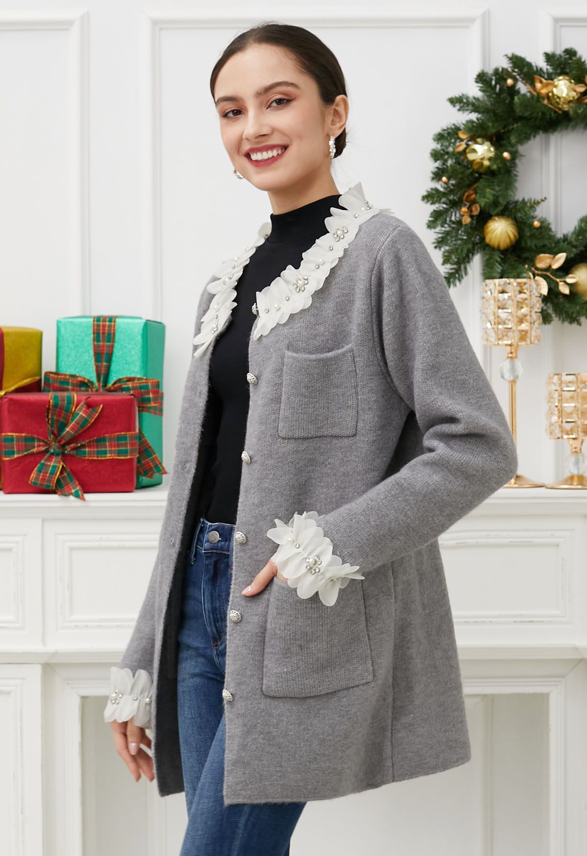 3D Petal Neckline Patch Pocket Knit Cardigan in Grey