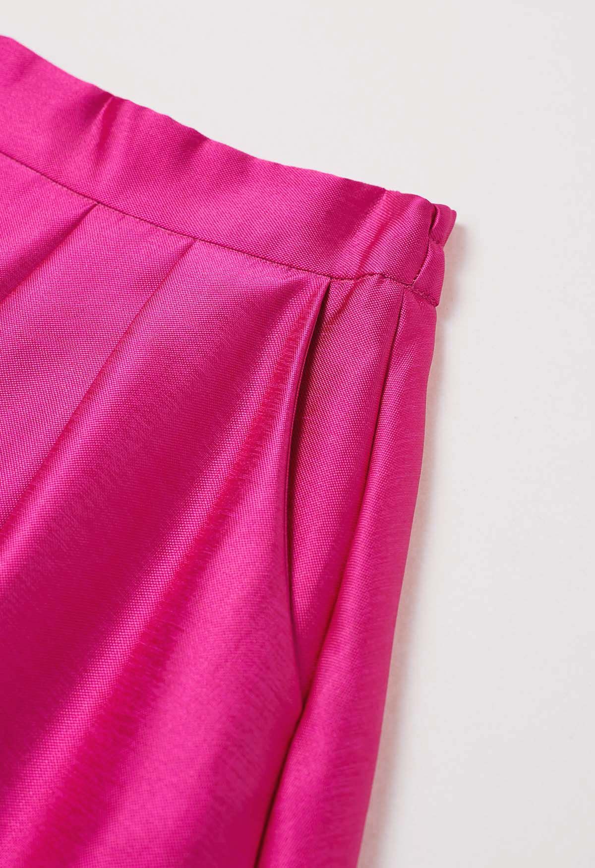 Sleek Side Pockets Pleated A-Line Midi Skirt in Hot Pink