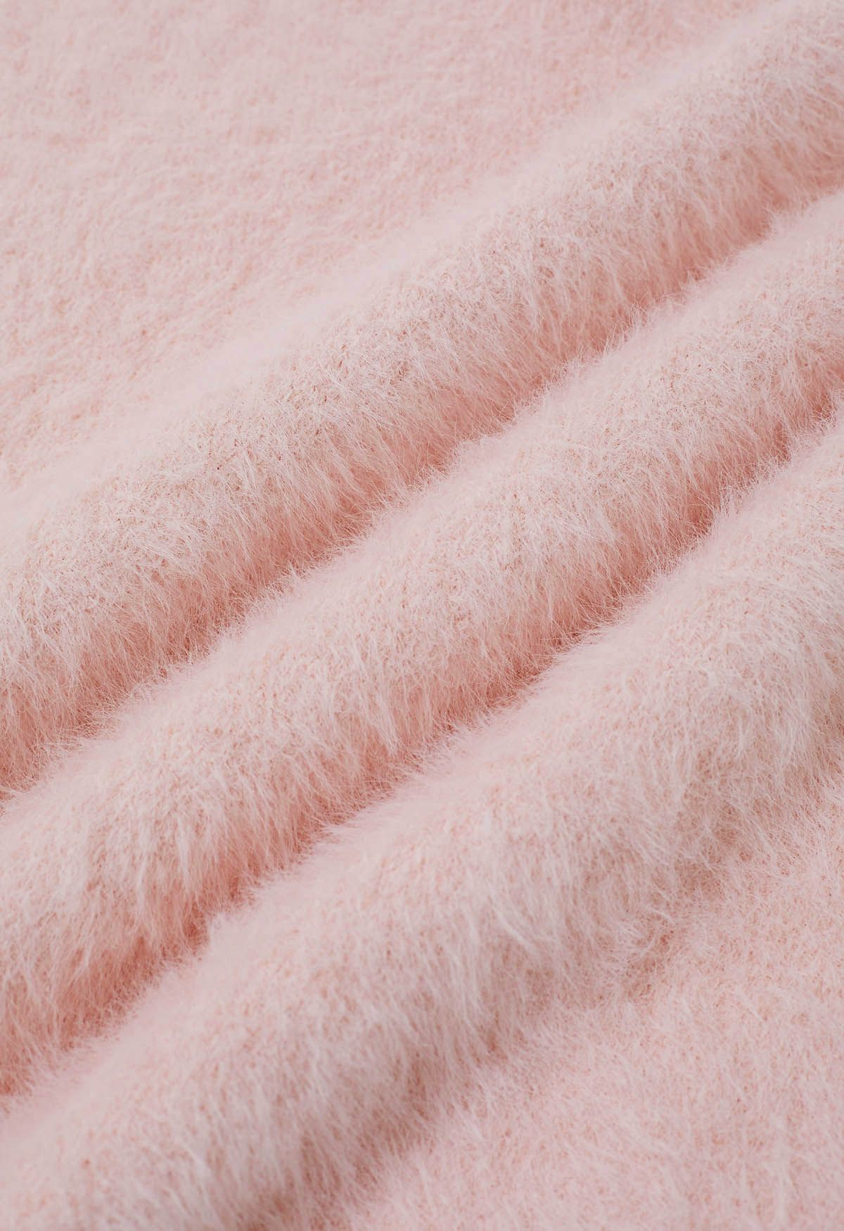 Fluffy V-Neck Knit Sweater in Light Pink