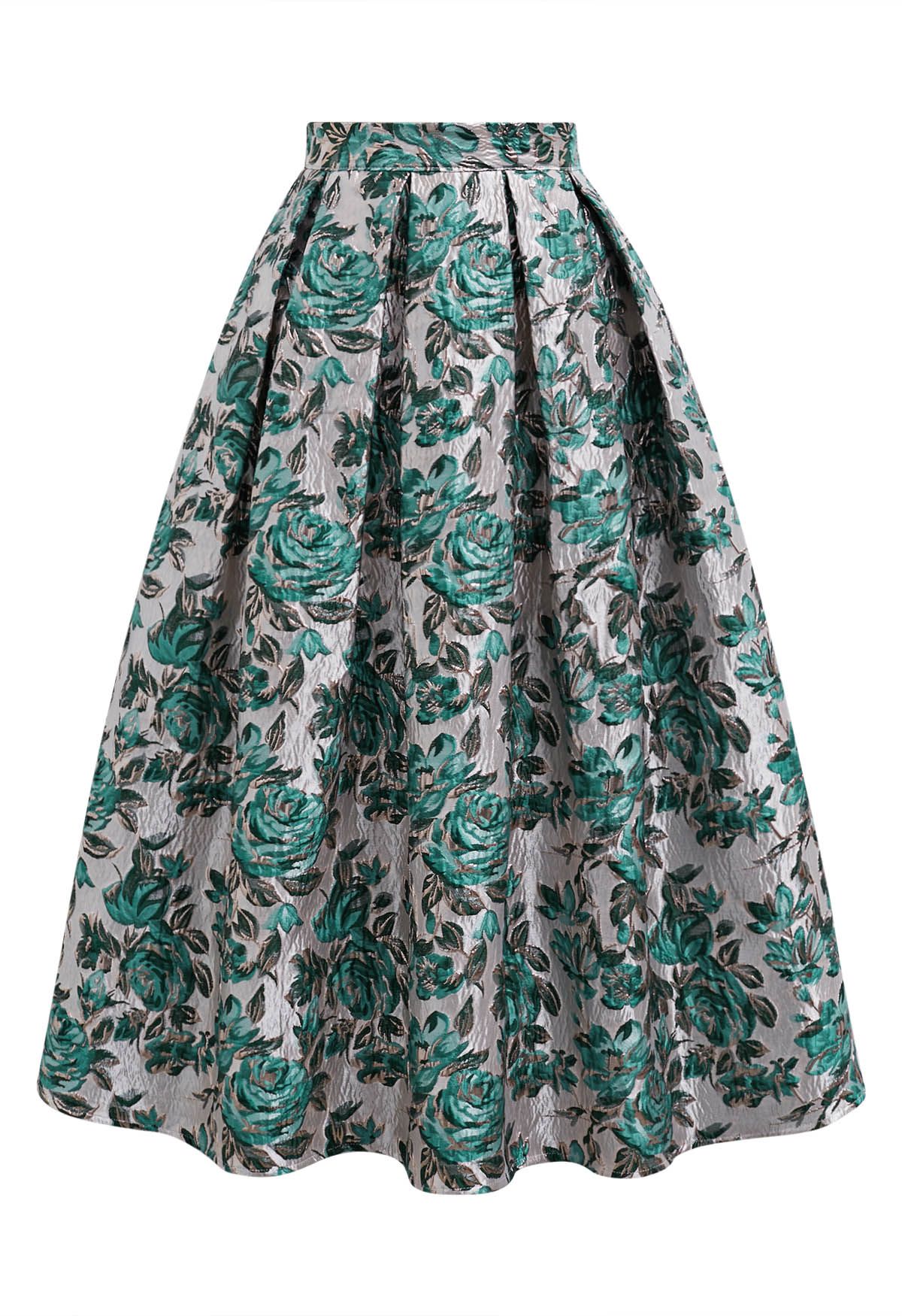 Teal Rose Embossed Jacquard A-Line Midi Skirt