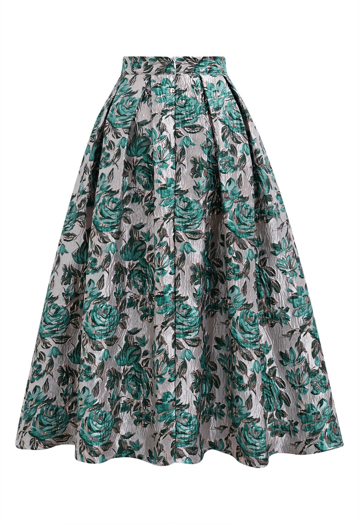 Teal Rose Embossed Jacquard A-Line Midi Skirt