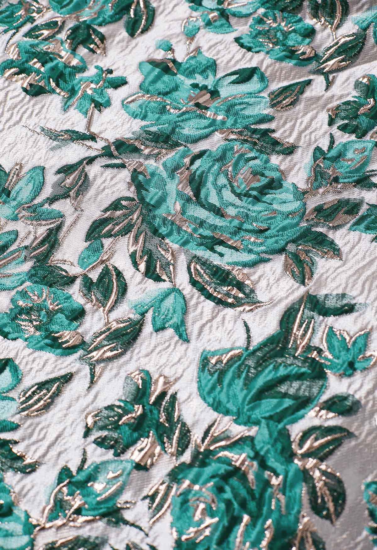 Teal Rose Embossed Jacquard A-Line Midi Skirt