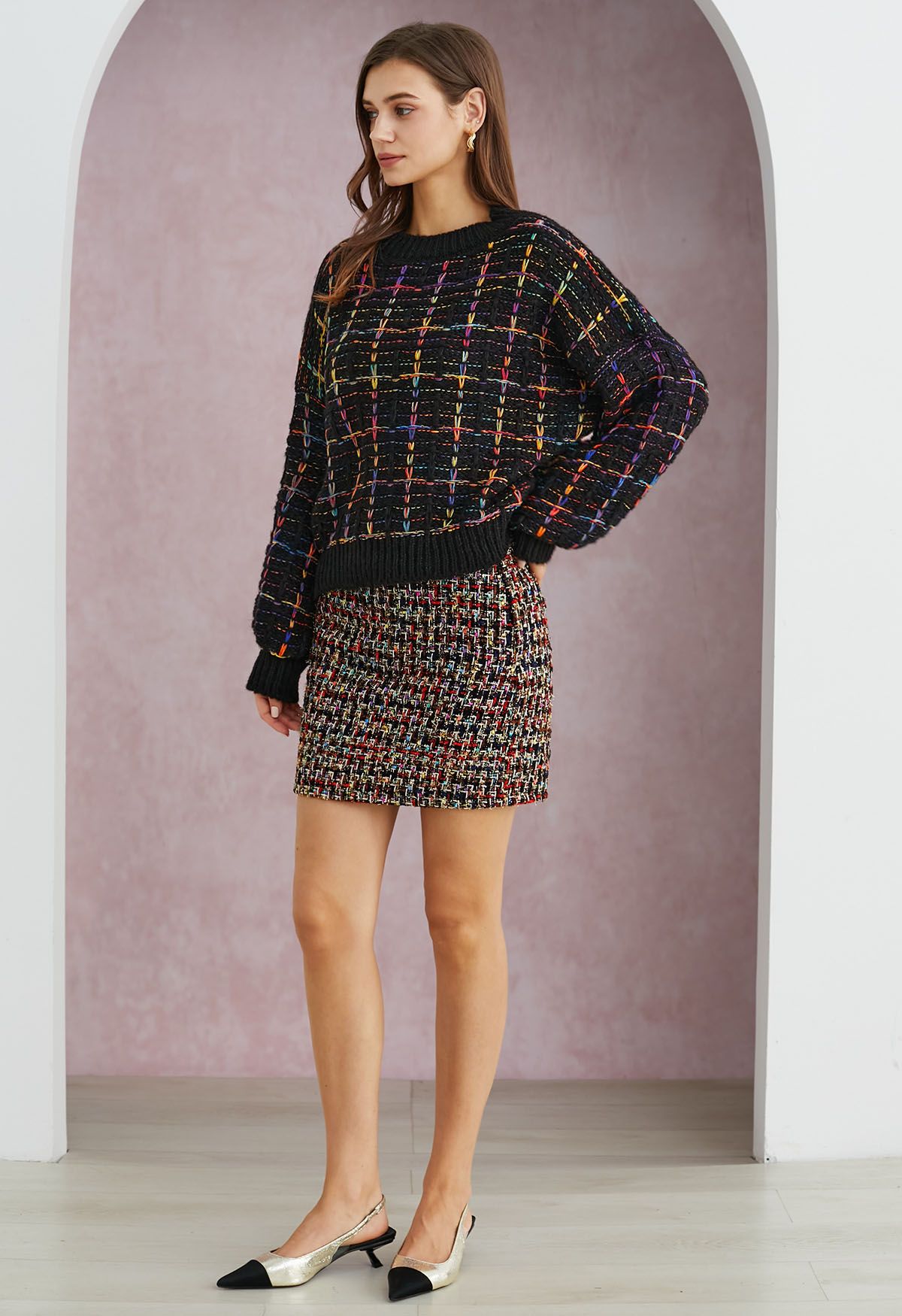 Color-Accented Grid Knit Sweater in Black