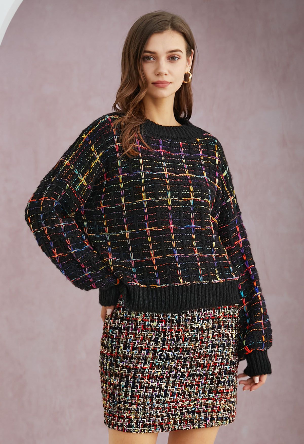 Color-Accented Grid Knit Sweater in Black