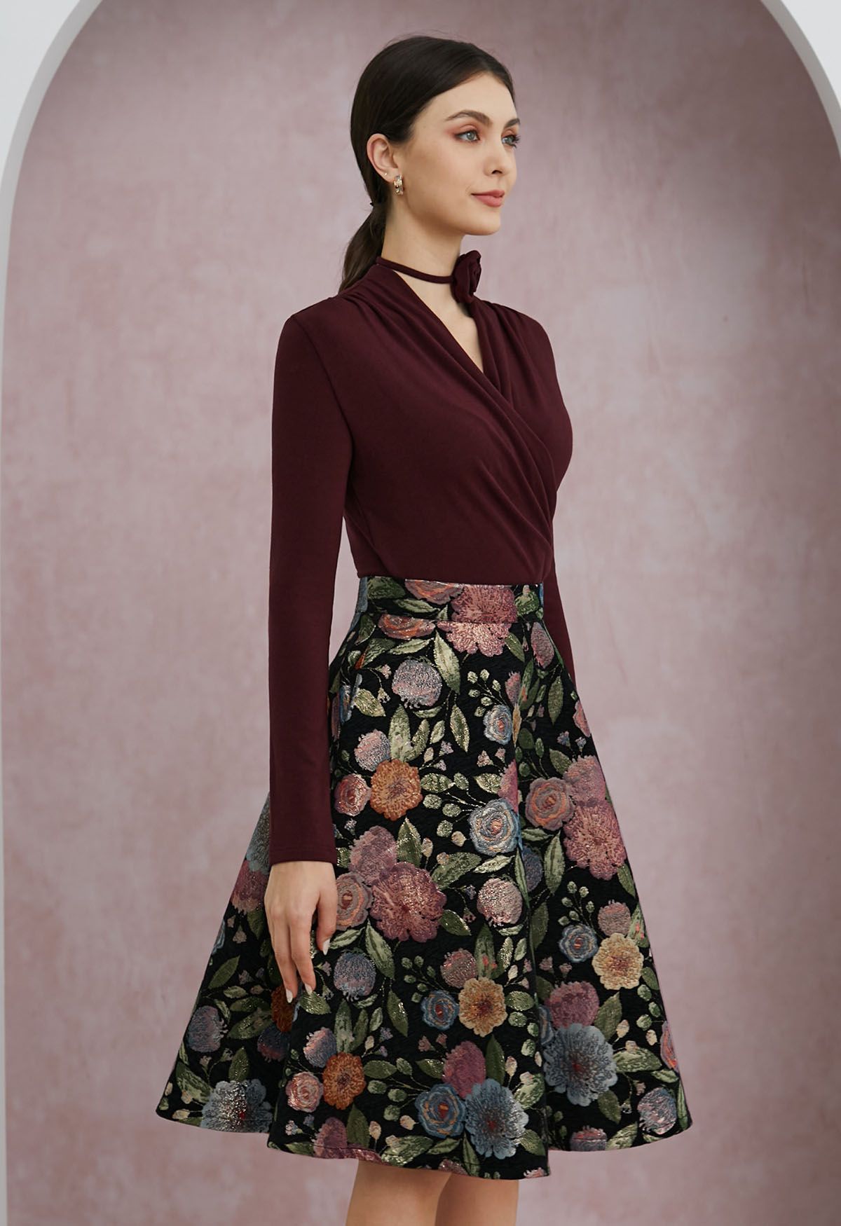 Fairy Garden Floral Jacquard A-Line Midi Skirt