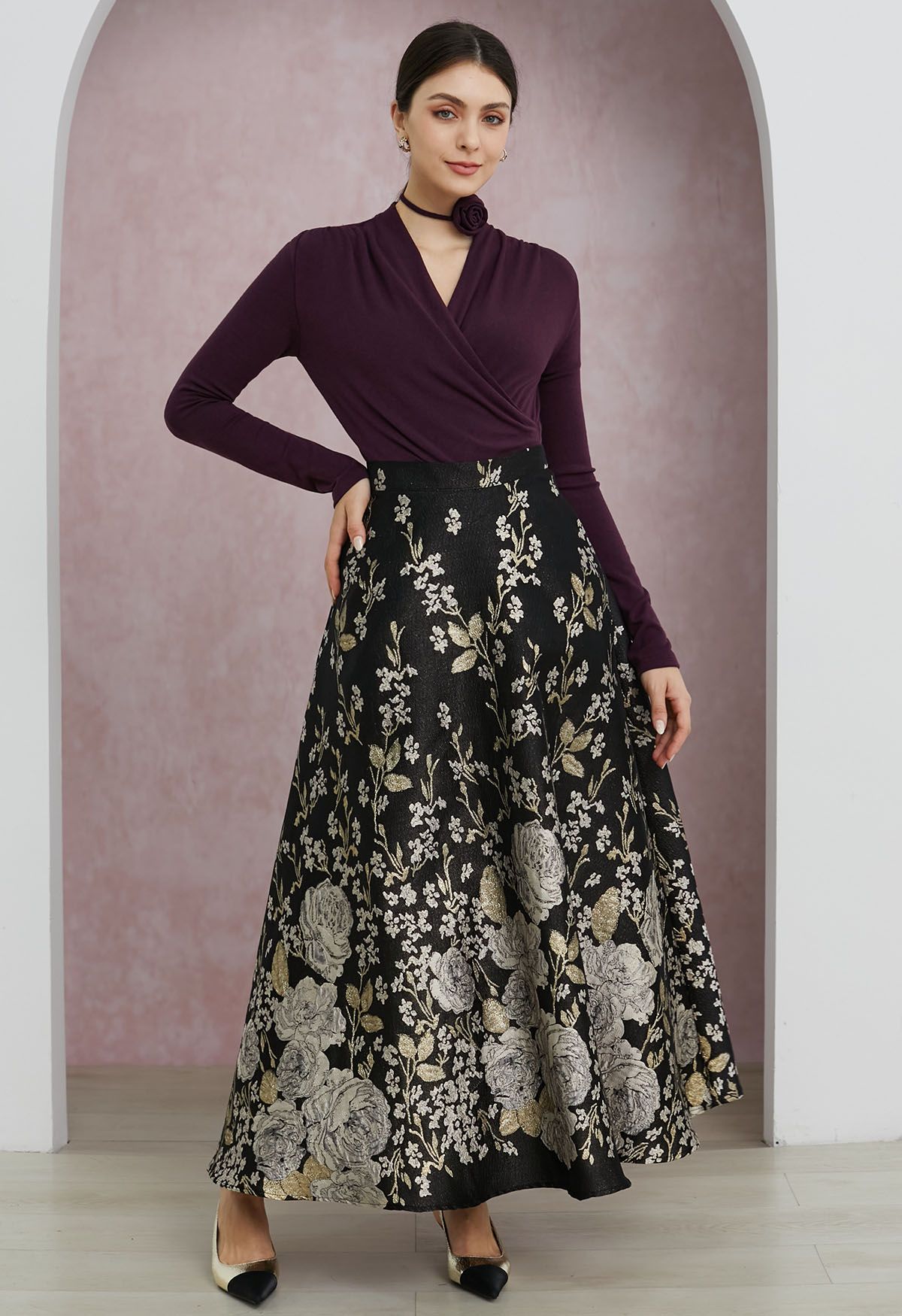 Golden Hour Peony Metallic Jacquard A-Line Maxi Skirt 