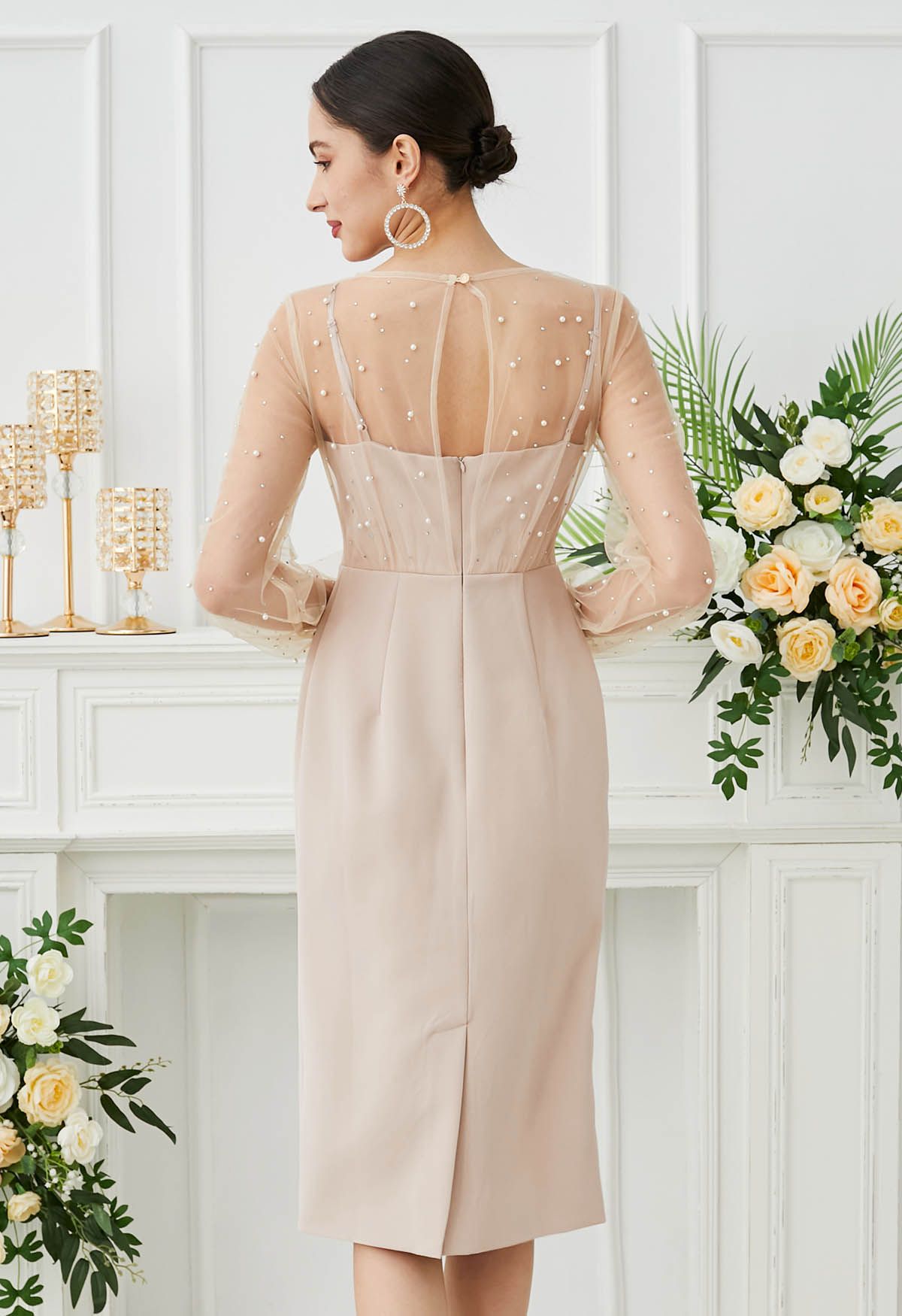 Glamorous Pearl Decor Mesh Spliced Midi Dress in Apricot