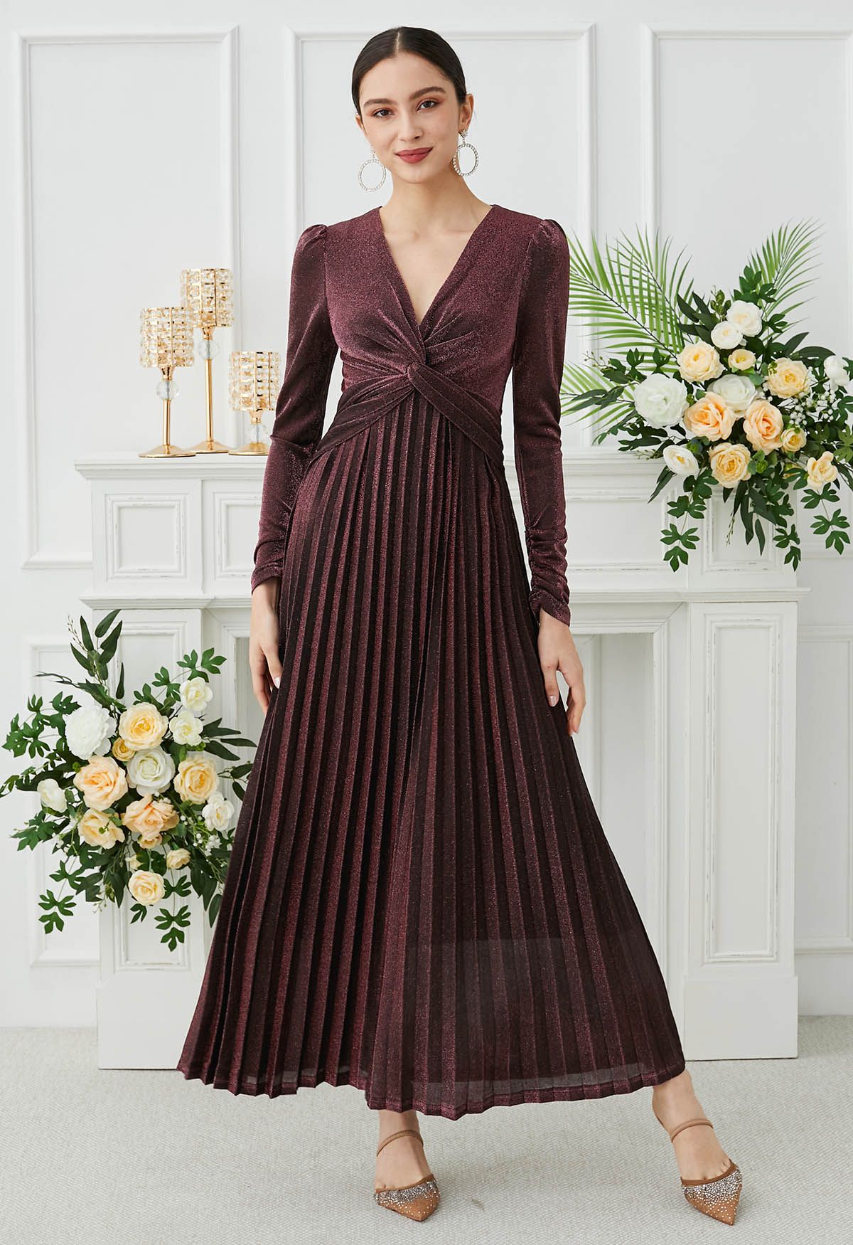 Glistening Twisted Front Pleated Maxi Dress in Burgundy