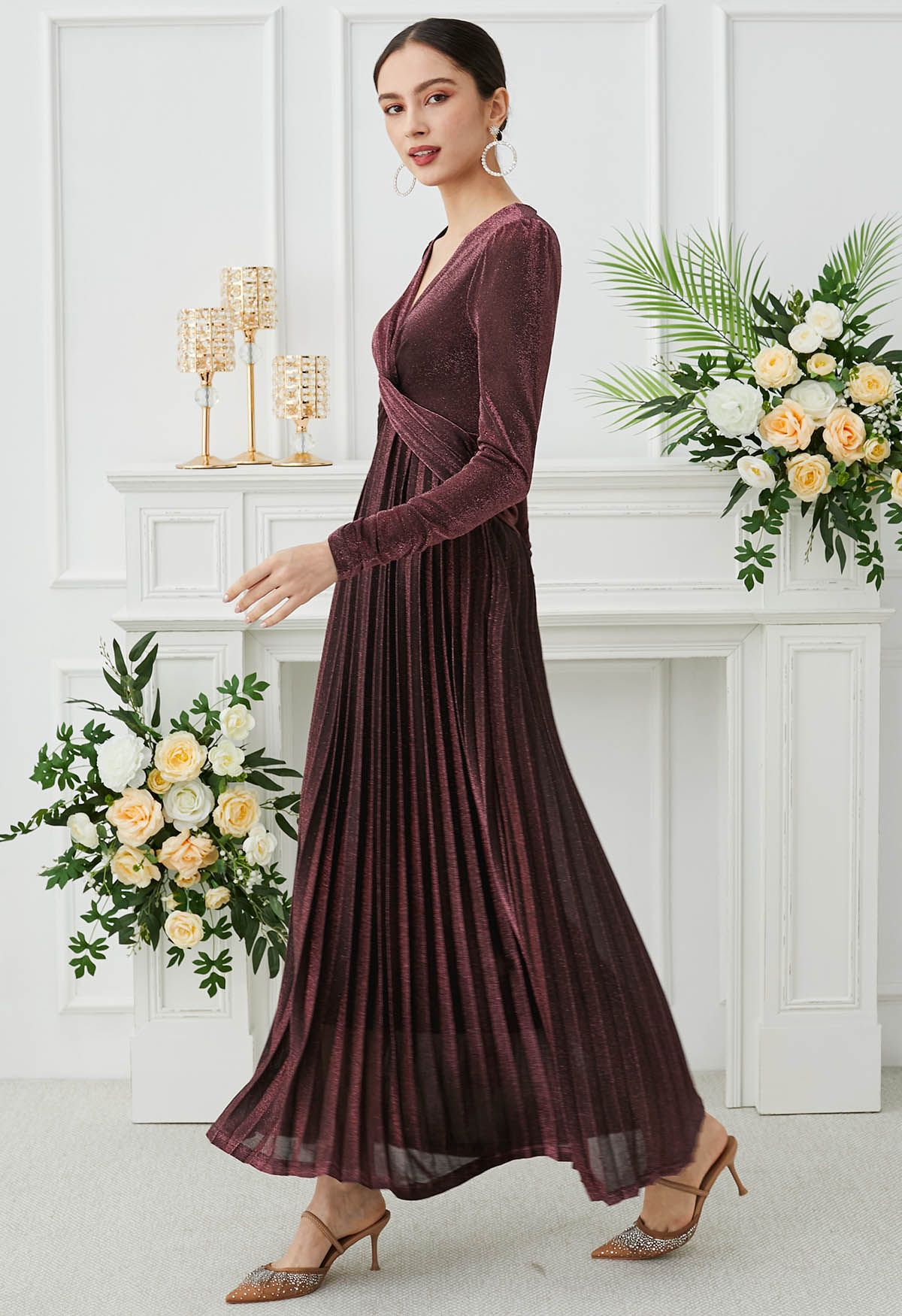 Glistening Twisted Front Pleated Maxi Dress in Burgundy