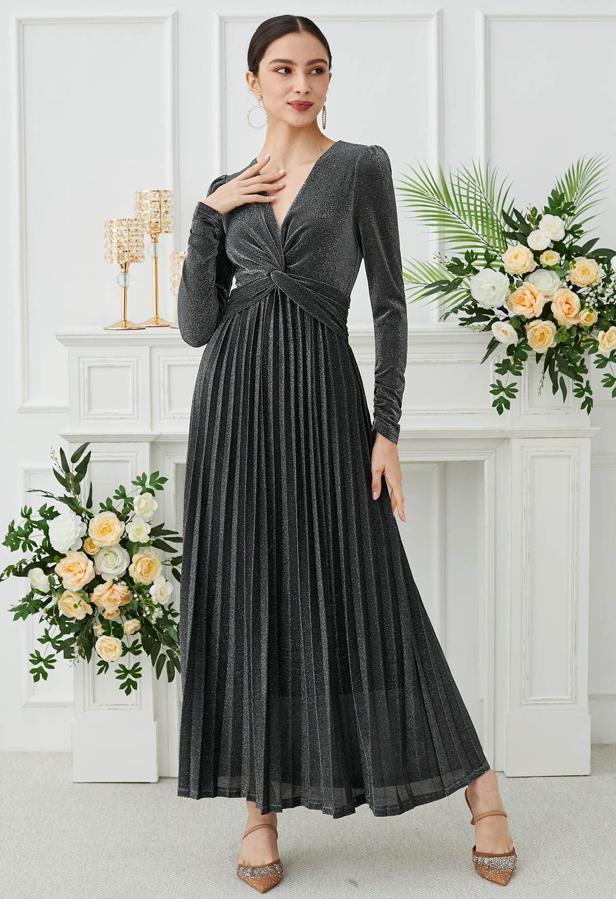 Glistening Twisted Front Pleated Maxi Dress in Smoke