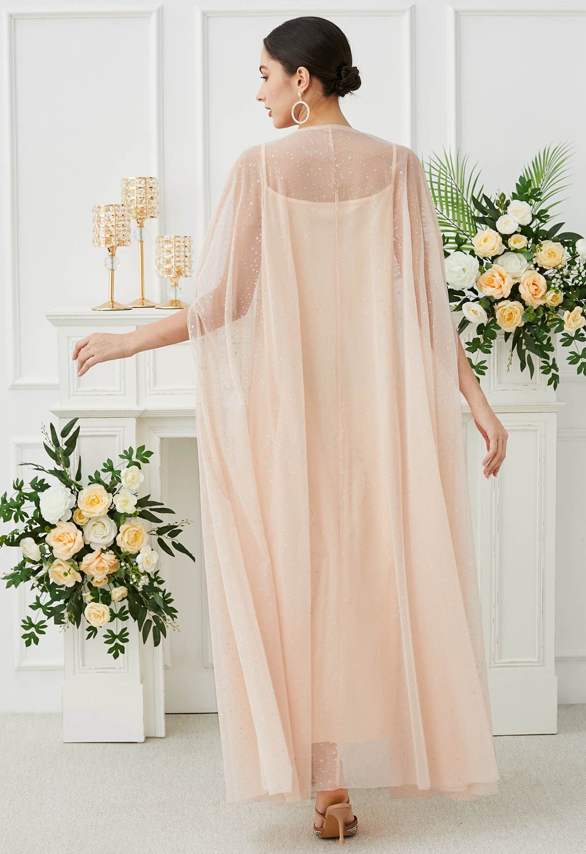 Glittery Mesh Maxi Cape Dress in Apricot