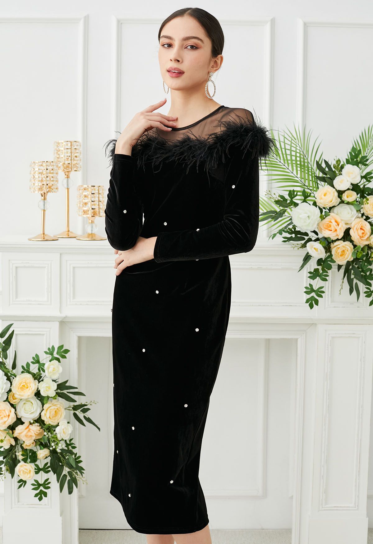 Rhinestone Decor Velvet Feather Midi Dress