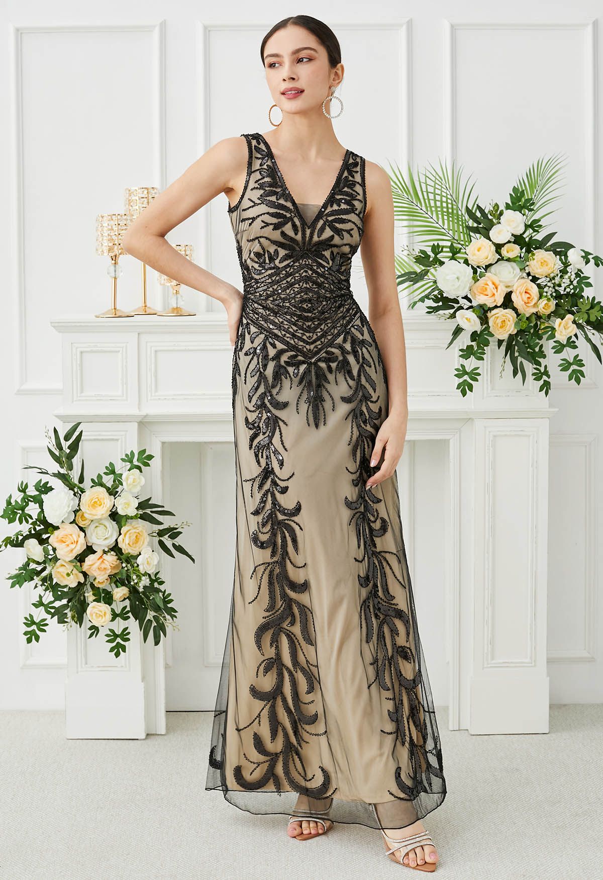 Leaves Sequin V-Neck Mesh Sleeveless Gown in Black