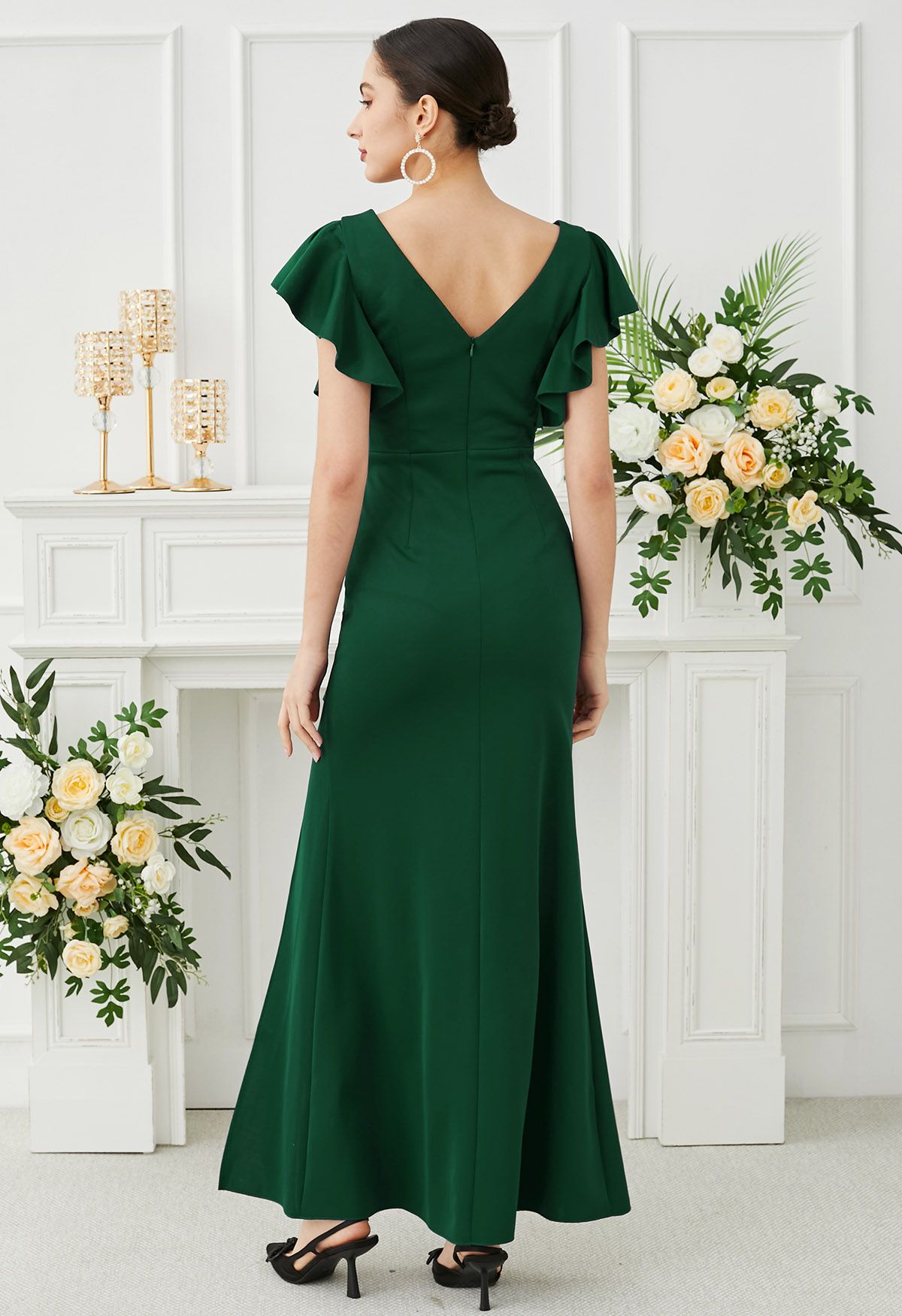 Cascade Ruffle Split Front Sleek Gown in Dark Green