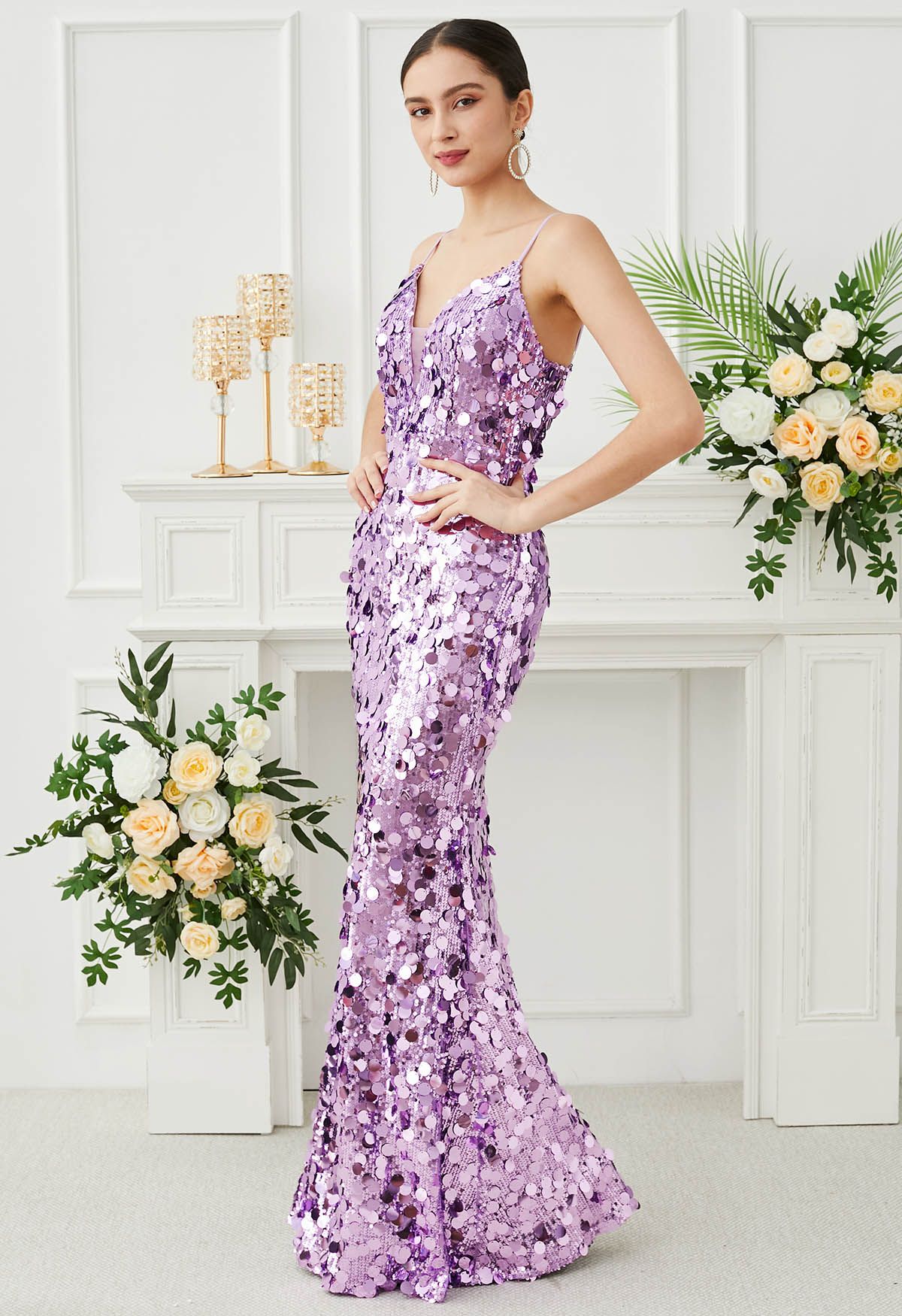 Deep V-Neck Sequin Mermaid Cami Gown in Lilac