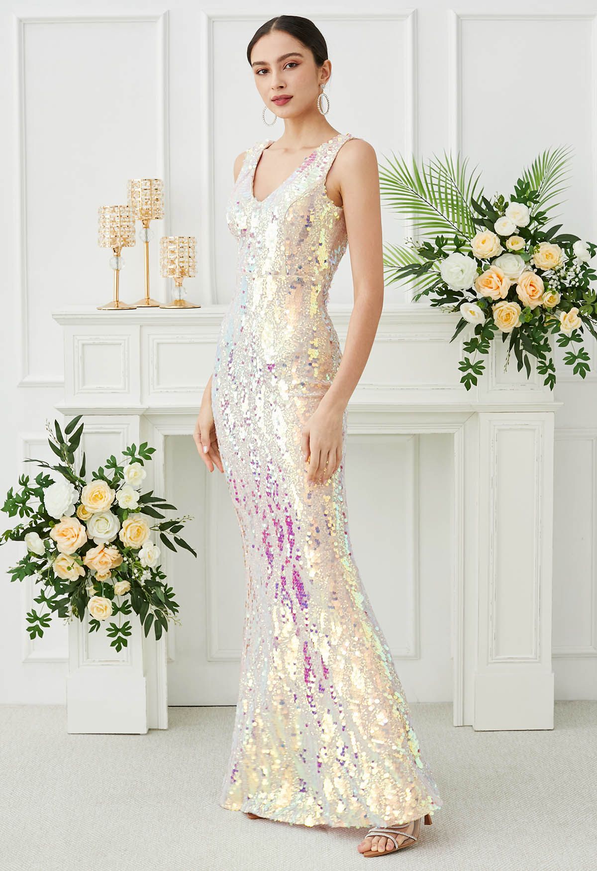 Iridescent Sequin V-Neck Mermaid Sleeveless Gown in Cream