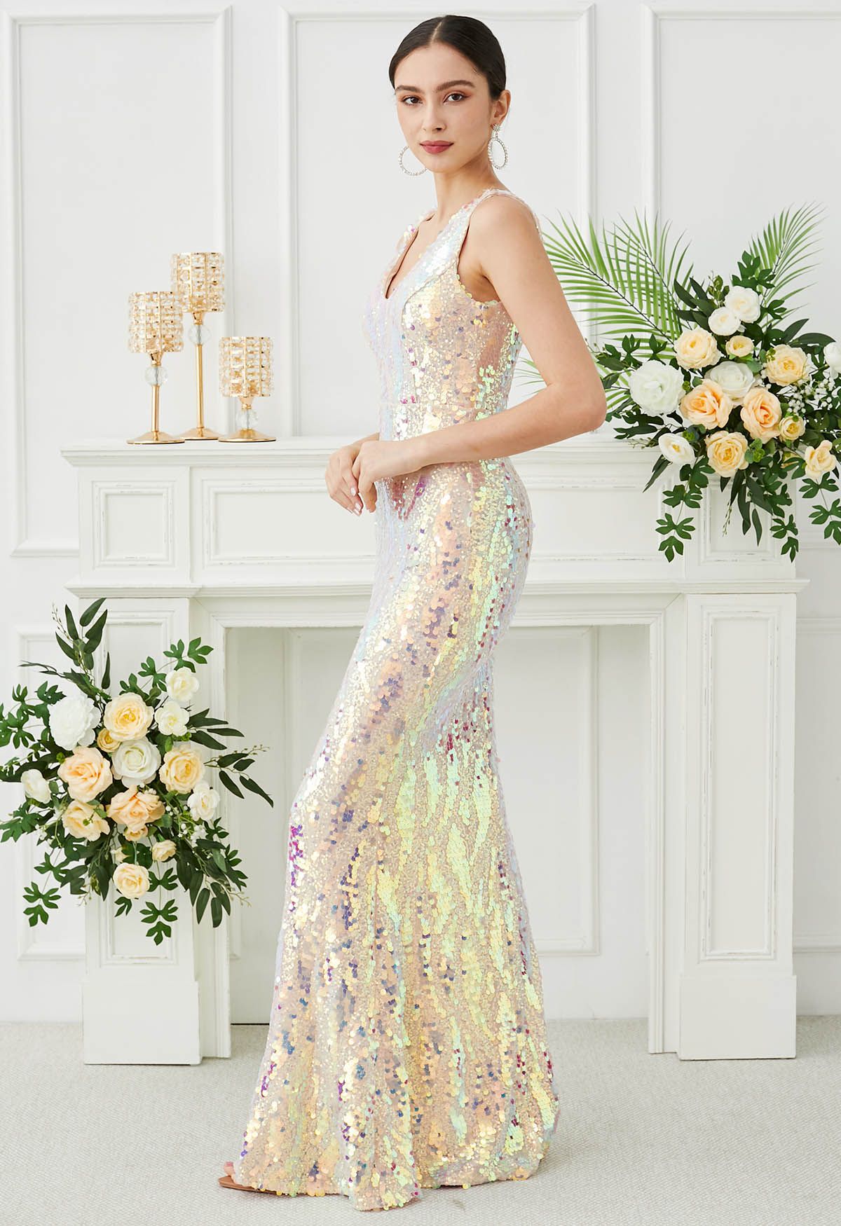 Iridescent Sequin V-Neck Mermaid Sleeveless Gown in Cream