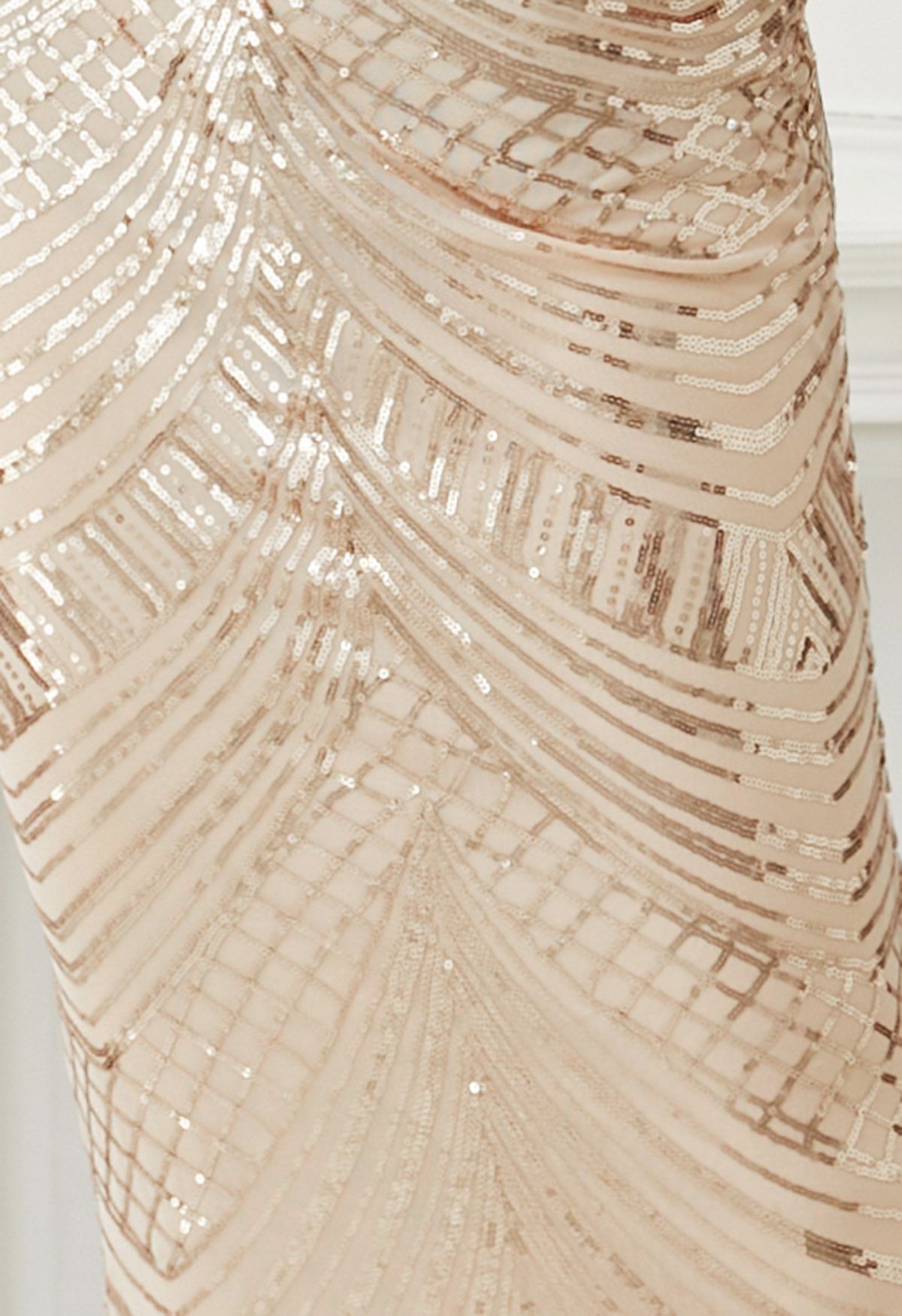 Geometric Sequin Mock Neck Mermaid Gown in Apricot