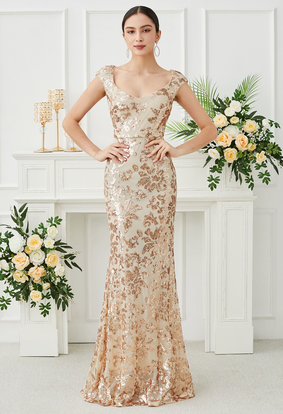 Floral Sequin Sweetheart Neck Mermaid Gown in Apricot