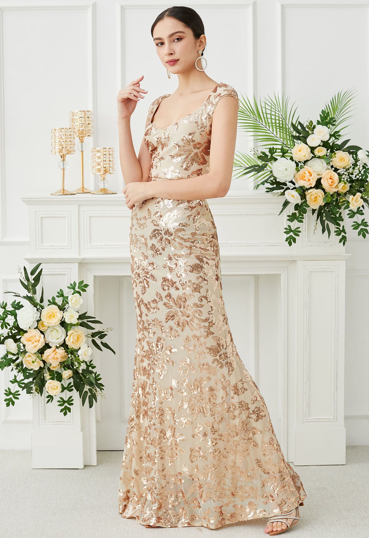 Floral Sequin Sweetheart Neck Mermaid Gown in Apricot