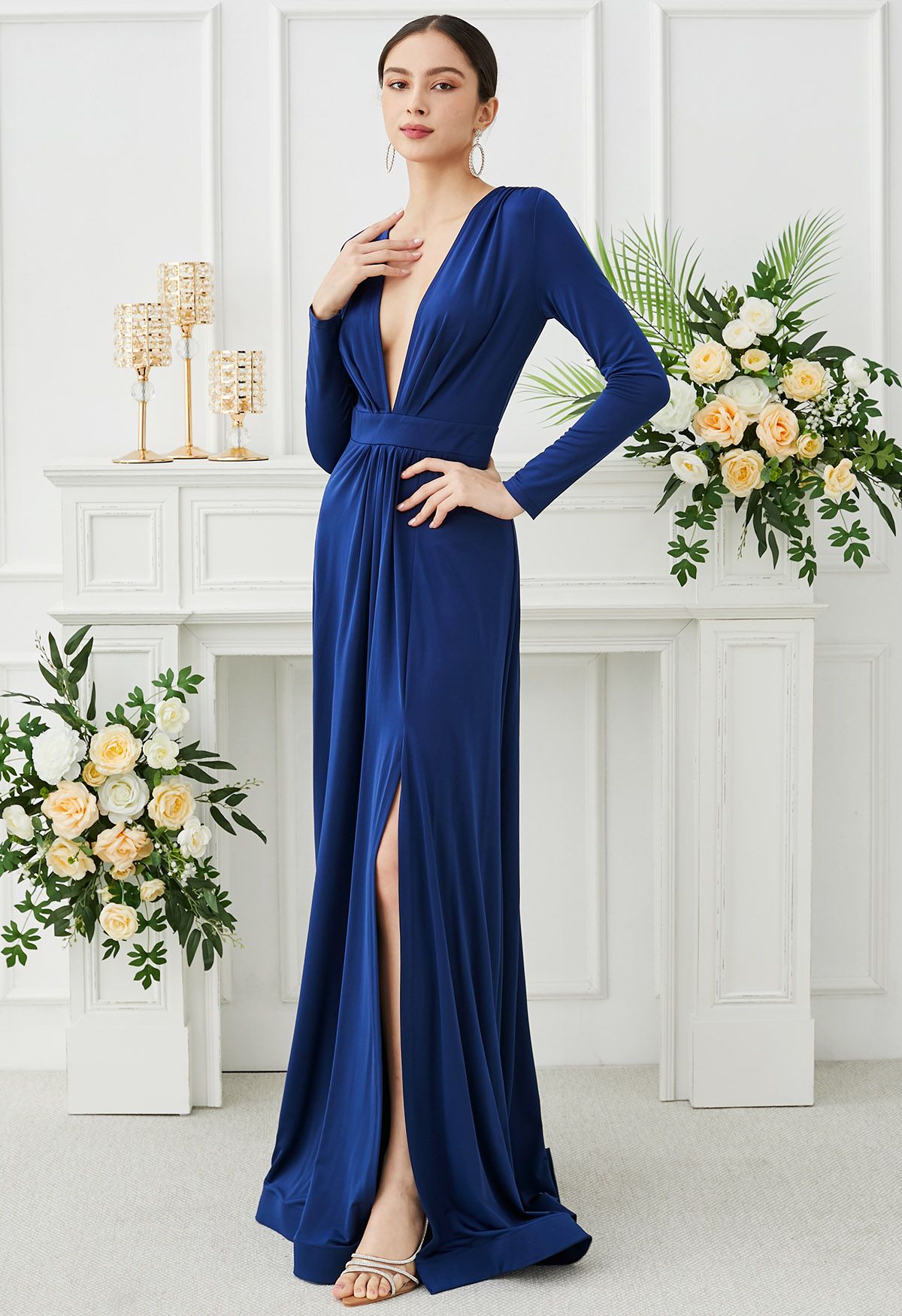 Deep V-Neck Front Split Maxi Gown in Navy