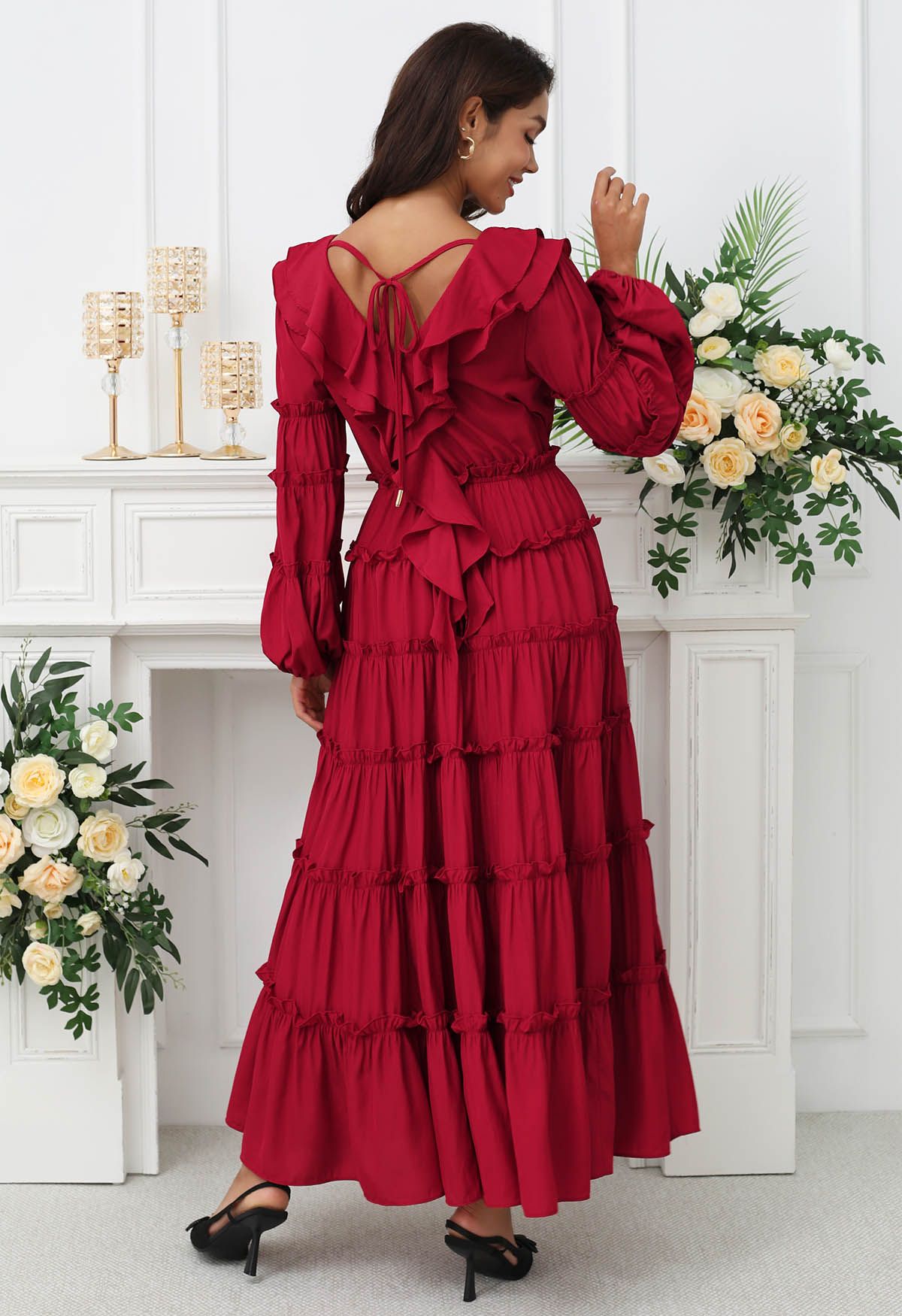 Dramatic Tiered Ruffles V-Neck Maxi Dress in Red