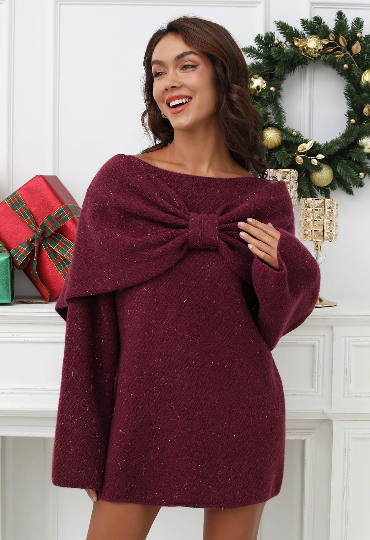 Bowknot 2 Pieces Metallic Mix Knit Sweater Dress in Plum