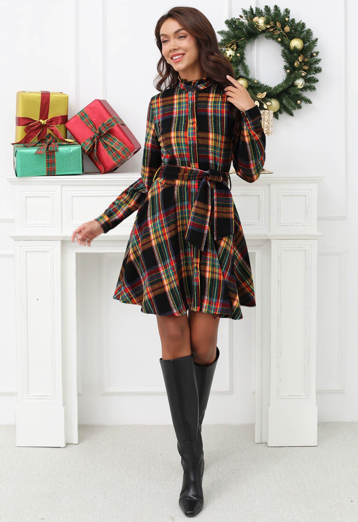 Holiday Charm Plaid Flannel Shirt Dress in Black