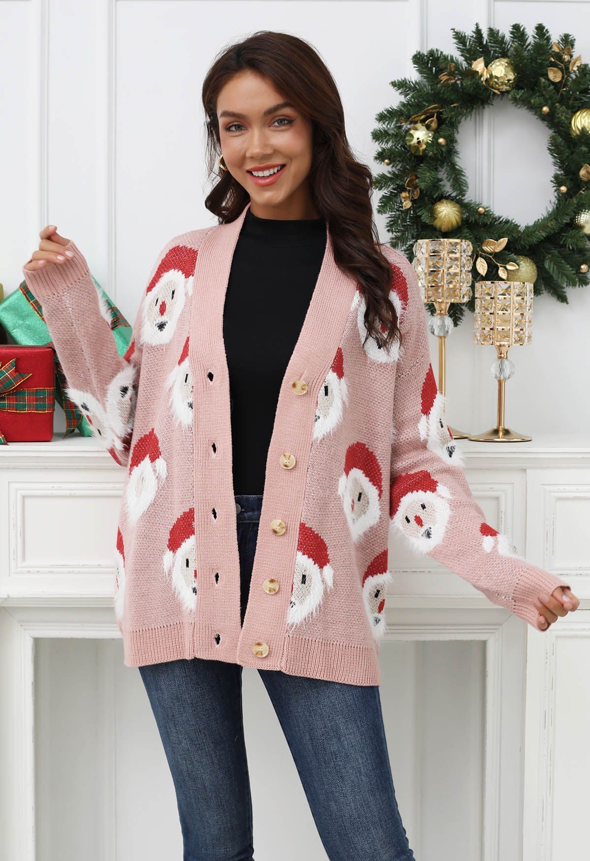 Fuzzy Santa Claus Button Down Knit Cardigan in Pink