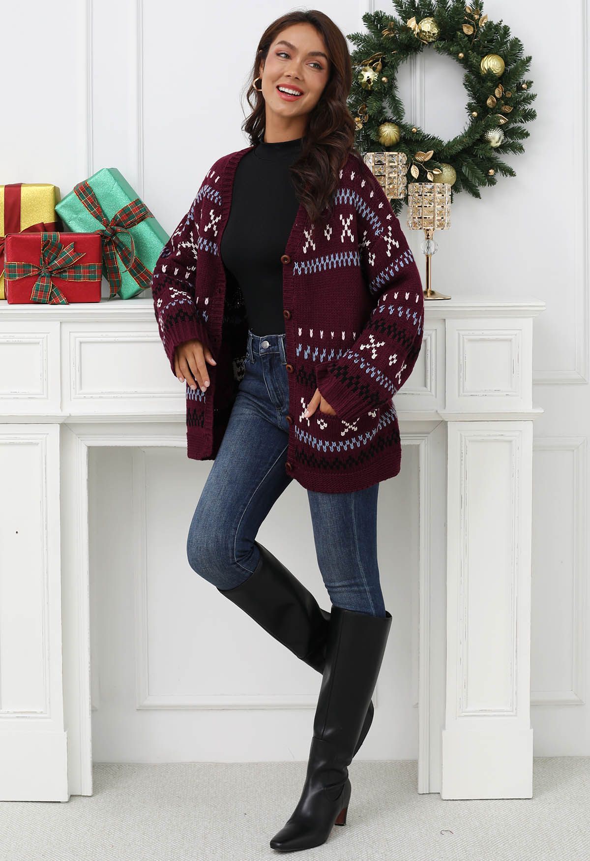 Cozy Fair Isle Button Down Knit Cardigan in Burgundy