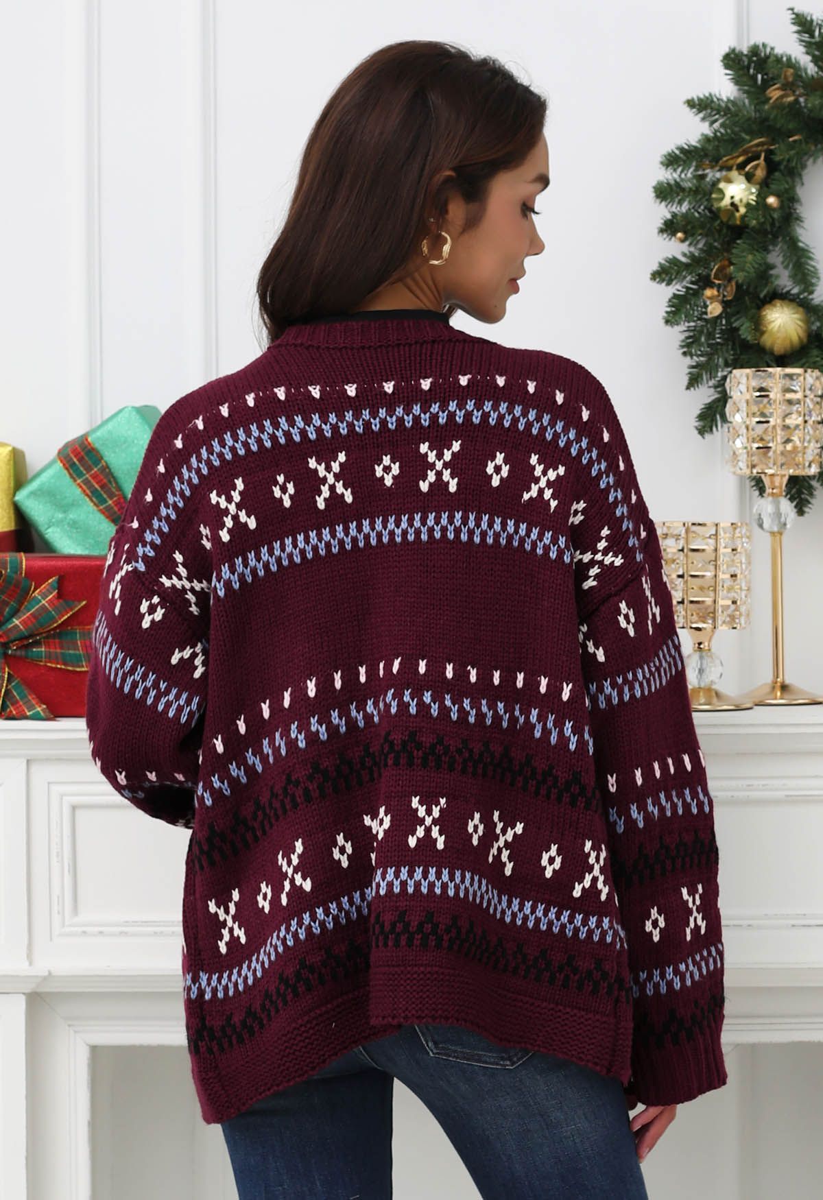 Cozy Fair Isle Button Down Knit Cardigan in Burgundy